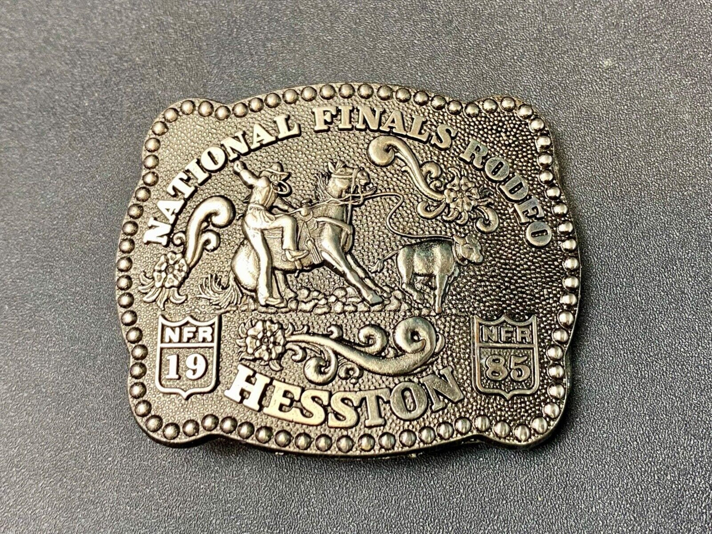 1985 Hesston YOUTH size Nation Finals Rodeo NFR Cowboy belt buckle