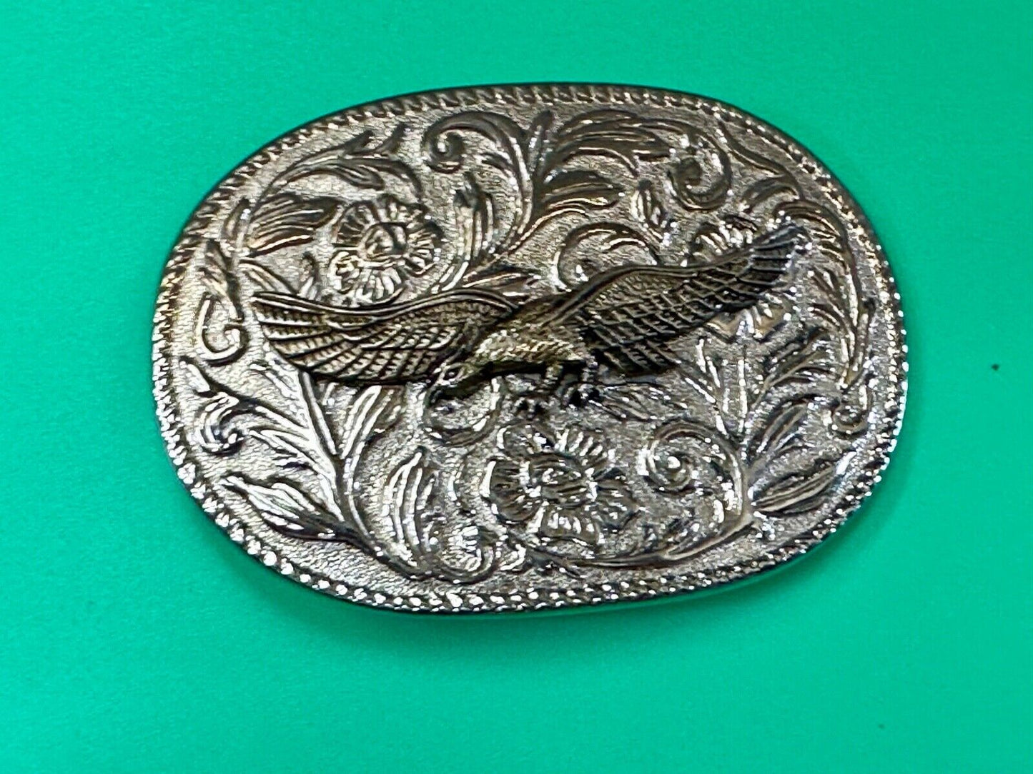 The Eagle Flying with Wings Wide Vintage two tone flower swirl belt buckle