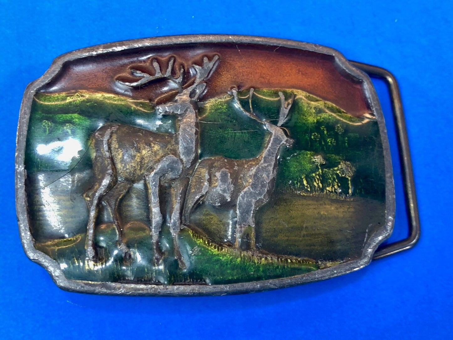 Vintage A16 Belt Buckle by Koleaco, two deer in nature scene, mountains