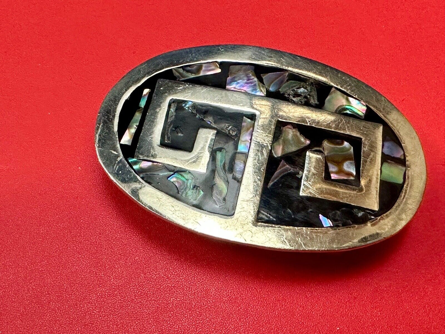 Vintage Alpaca Mexico Silver Tone Abalone Shell Pattern Oval belt buckle
