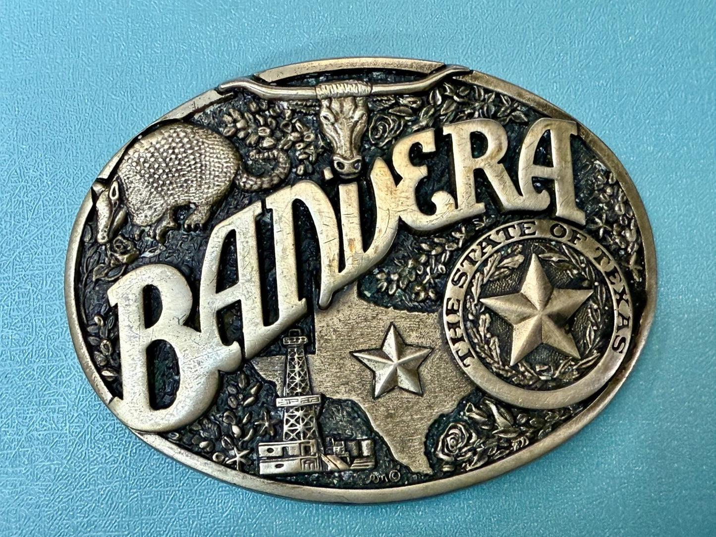 Bandera Texas State Seal , Oil, Star, Longhorn Vtg ADM Solid Brass Belt Buckle