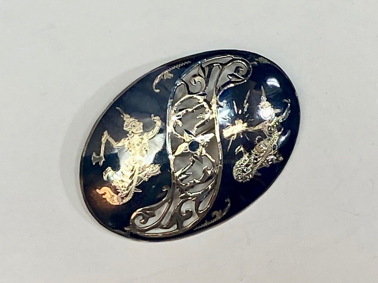 Thai Nakon Siam Black Sterling 925 Brooch Pin Niello Ramasoon & Mekkala Goddess