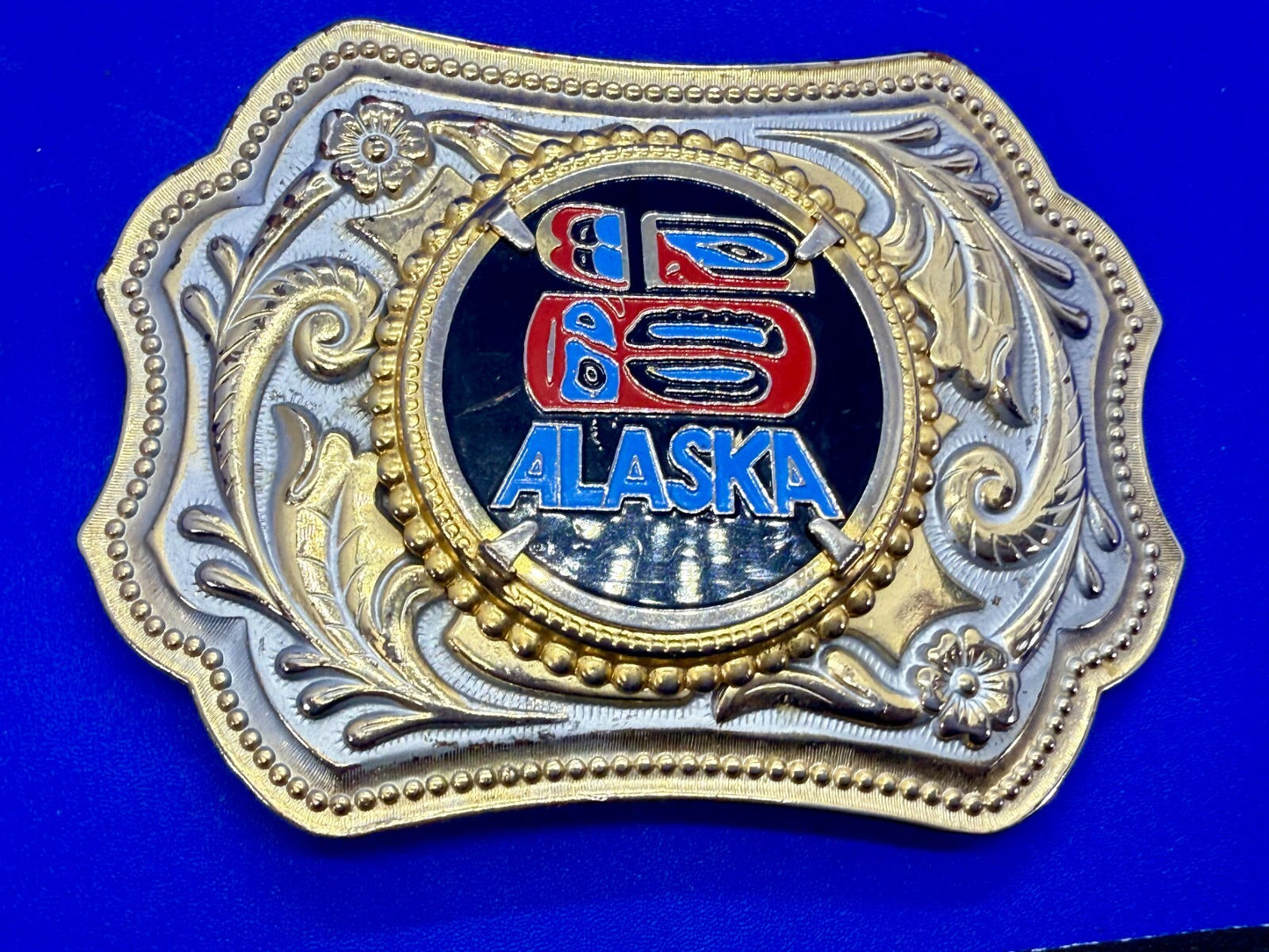 ALASKA Alaskan State Centerpiece on Gold Color Western Style Belt Buckle