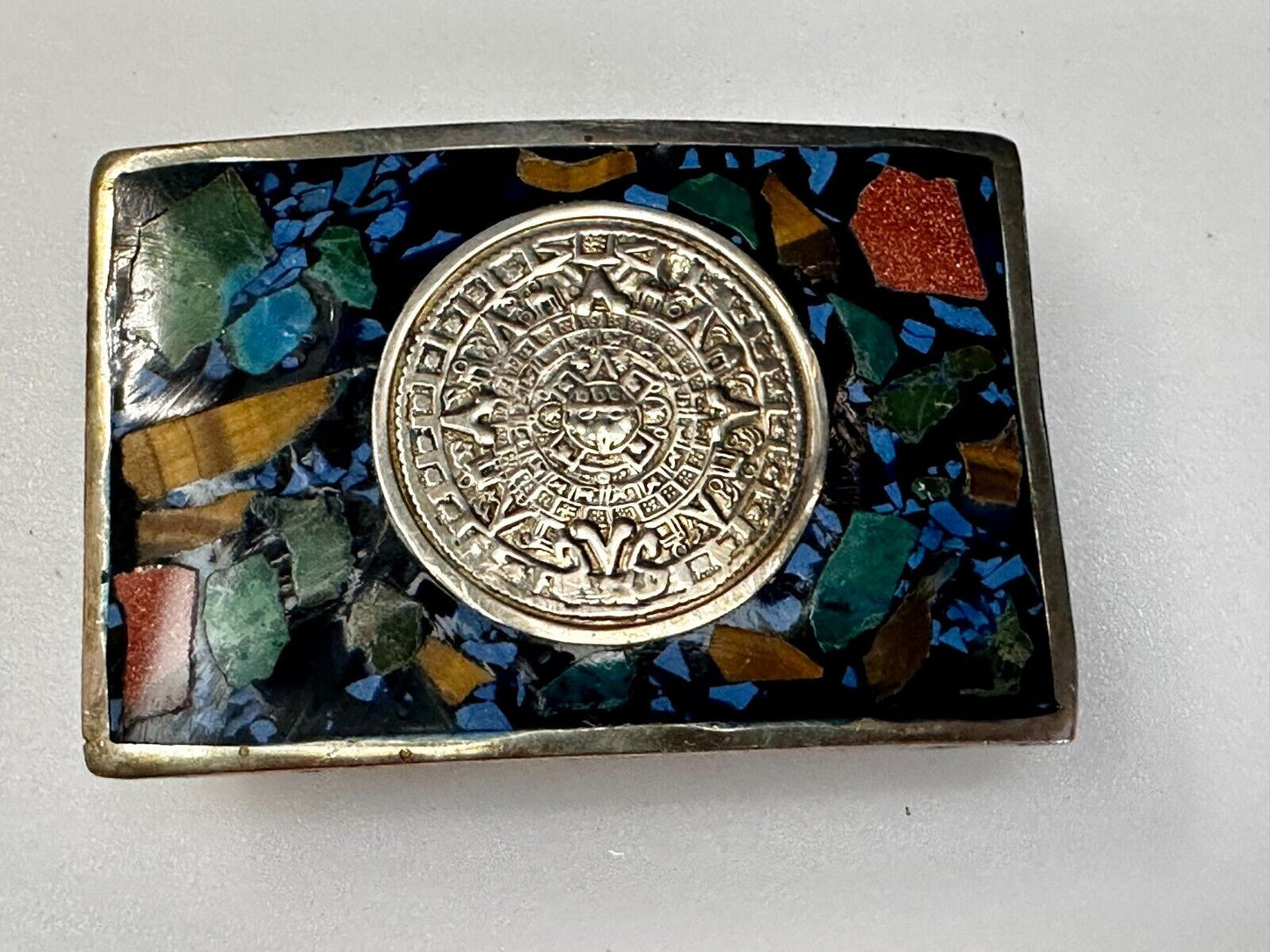 Aztec Mayan Calendar Sun God Face Turquoise Multi Stone Chip Inlay Belt Buckle