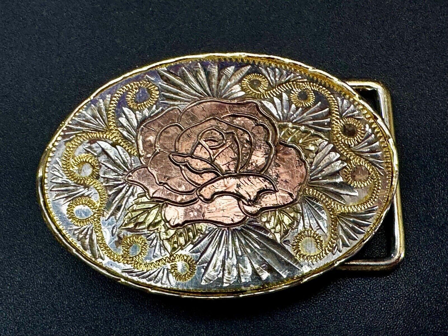 Beautiful Rose Small Etched Flower Swirl Design Vintage Belt Buckle