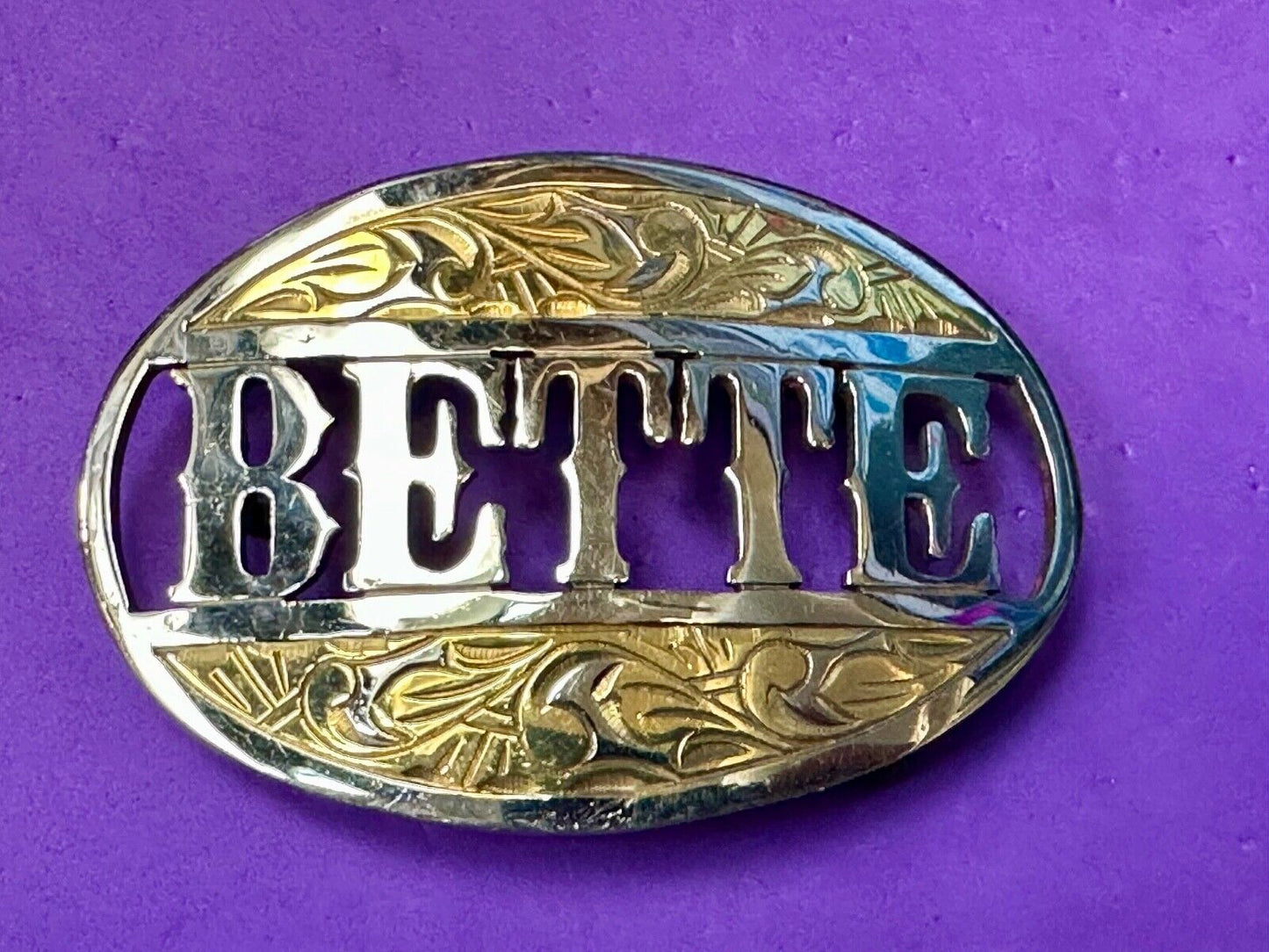 BETTE - custom name on western two tone cutout see through vintage belt buckle