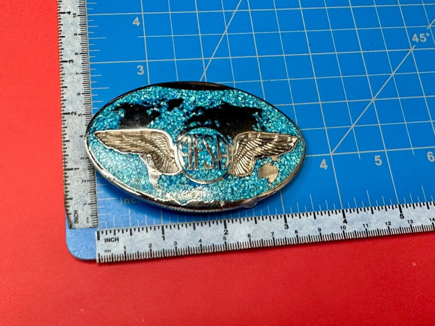 Air Force Sergeants Association AFSA Turquoise Chip inlaid oval belt buckle