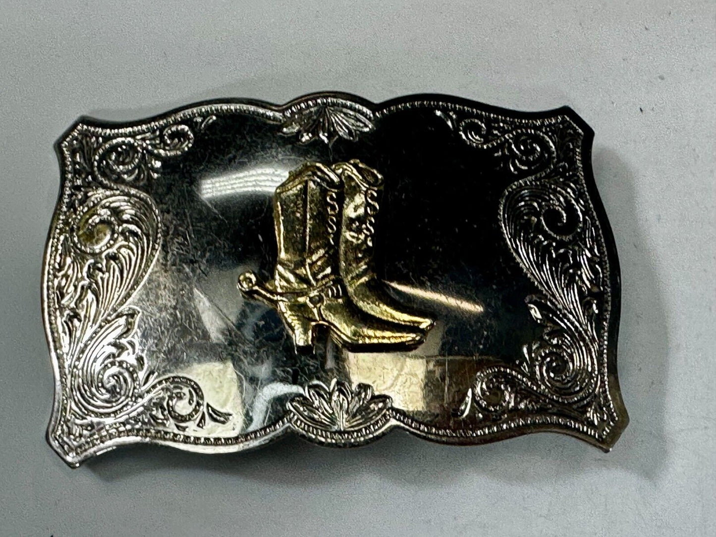 Vintage Cowboy Boots Engraved Swirl Border Two Tone Western Style Belt Buckle