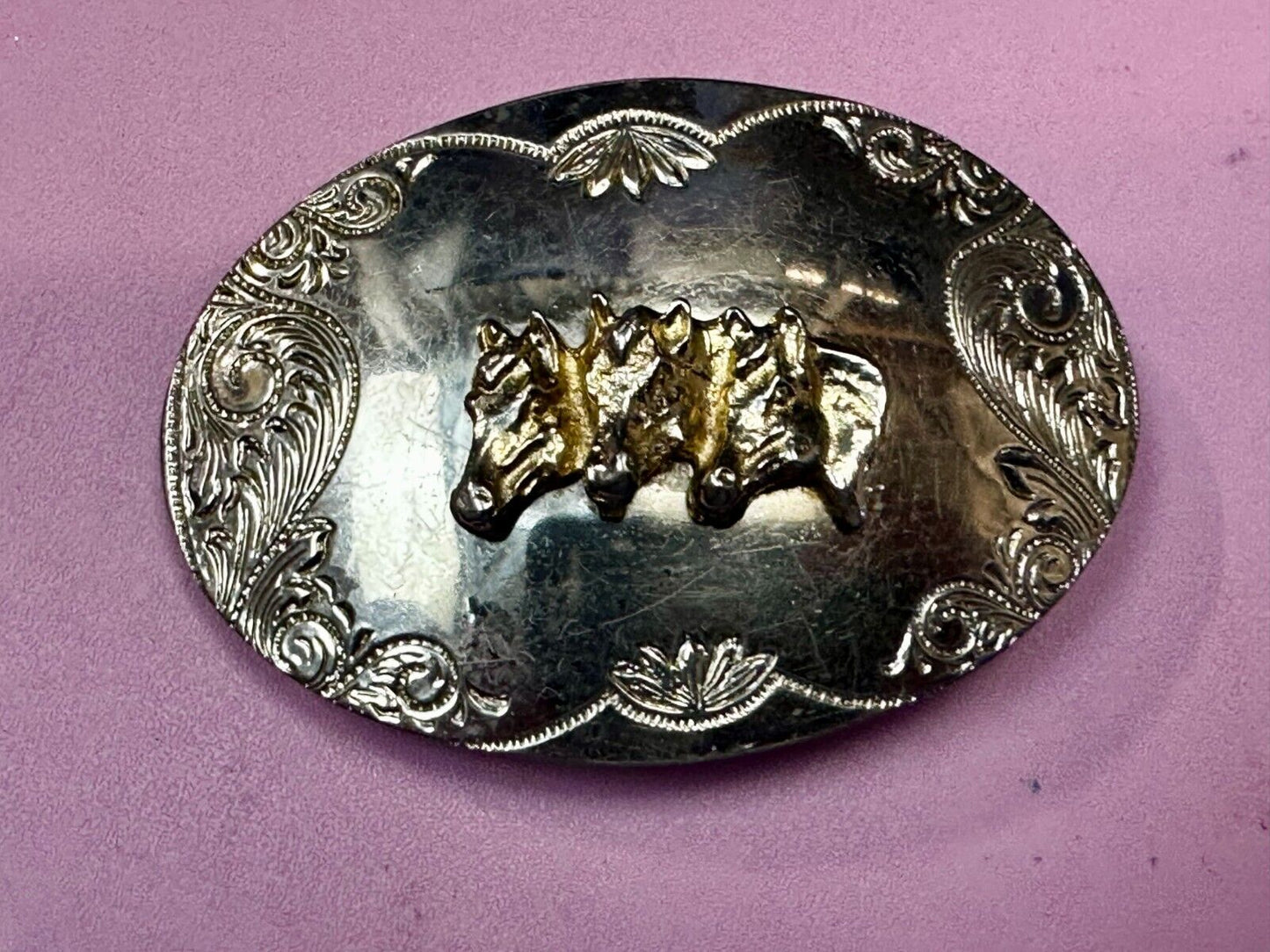 Three Horse Heads - Vintage Western Ornate Reflective Oval Two Tone Belt Buckle