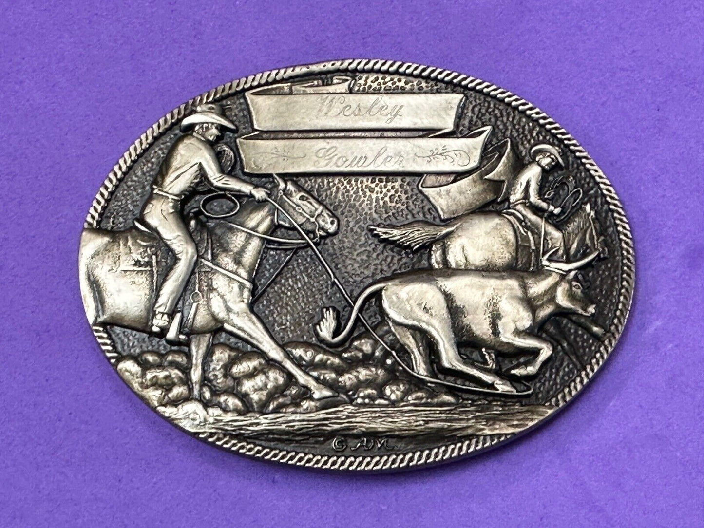 The Cattle Drive Western Rodeo Cowboys engraved award ribbon scroll belt buckle