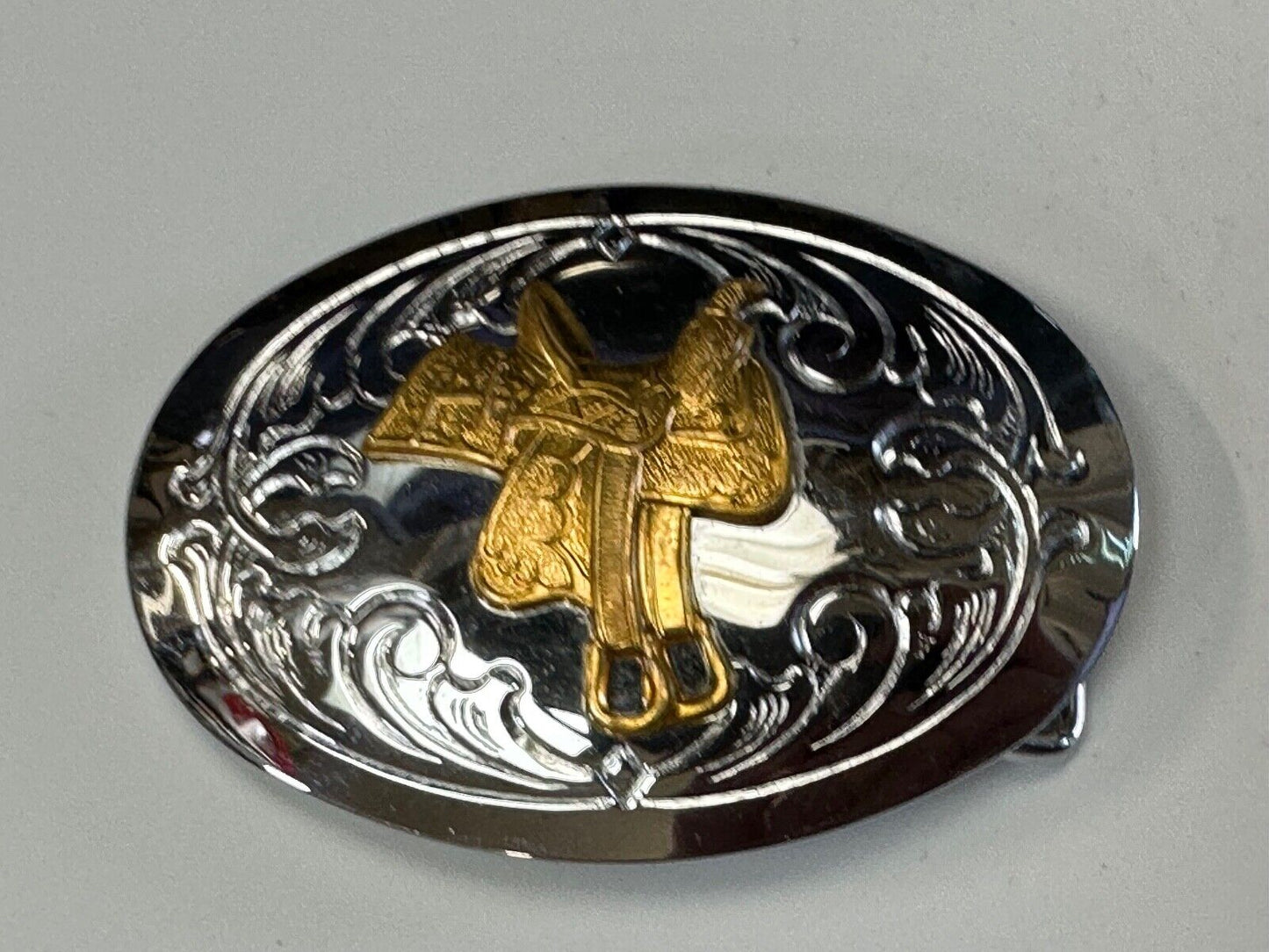 vintage Chambers Horse Saddle - Cowboys Cowgirls two tone belt buckle