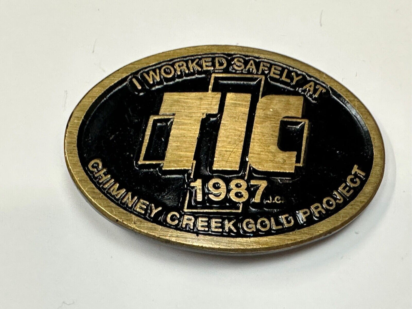 Vintage 1987 TIC Chimney Creek Gold Project Safety award brass belt buckle