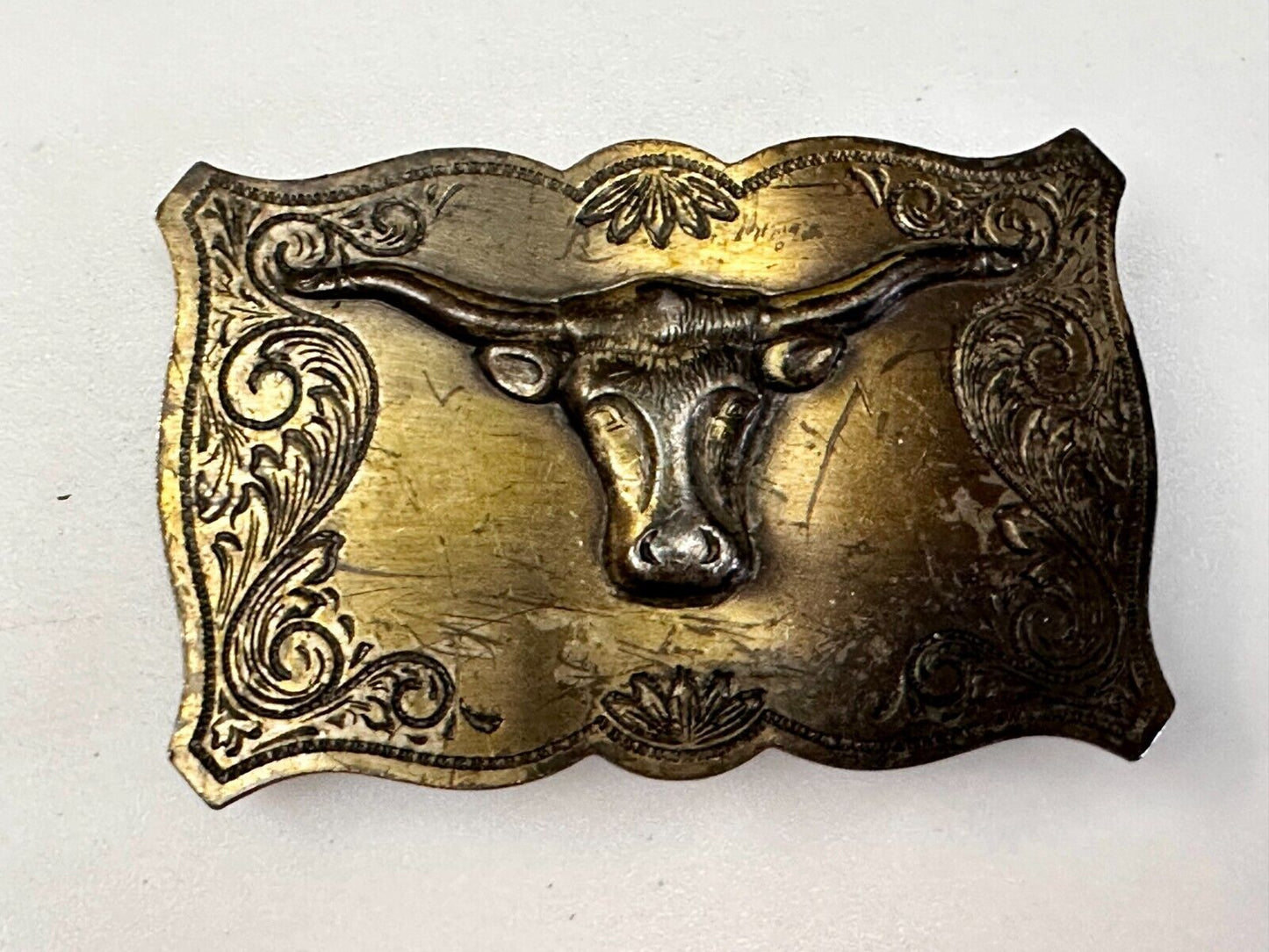 Texas Longhorn Steer Bull Cow Ornate Raised Dimensional Stamped Belt Buckle