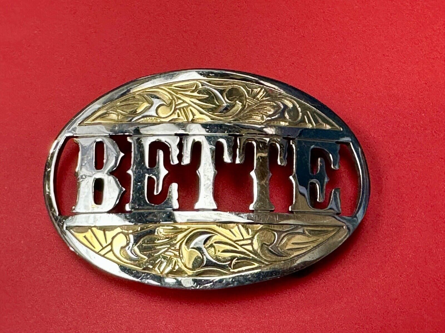BETTE - custom name on western two tone cutout see through vintage belt buckle
