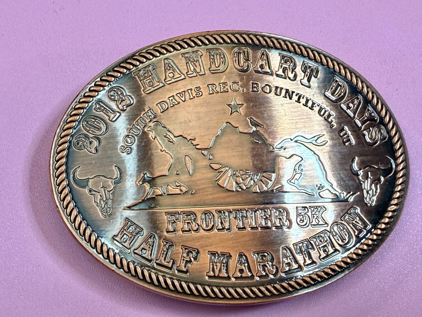 2012 Handcart Days Frontier 5K Half Marathon South Davis Utah Belt Buckle