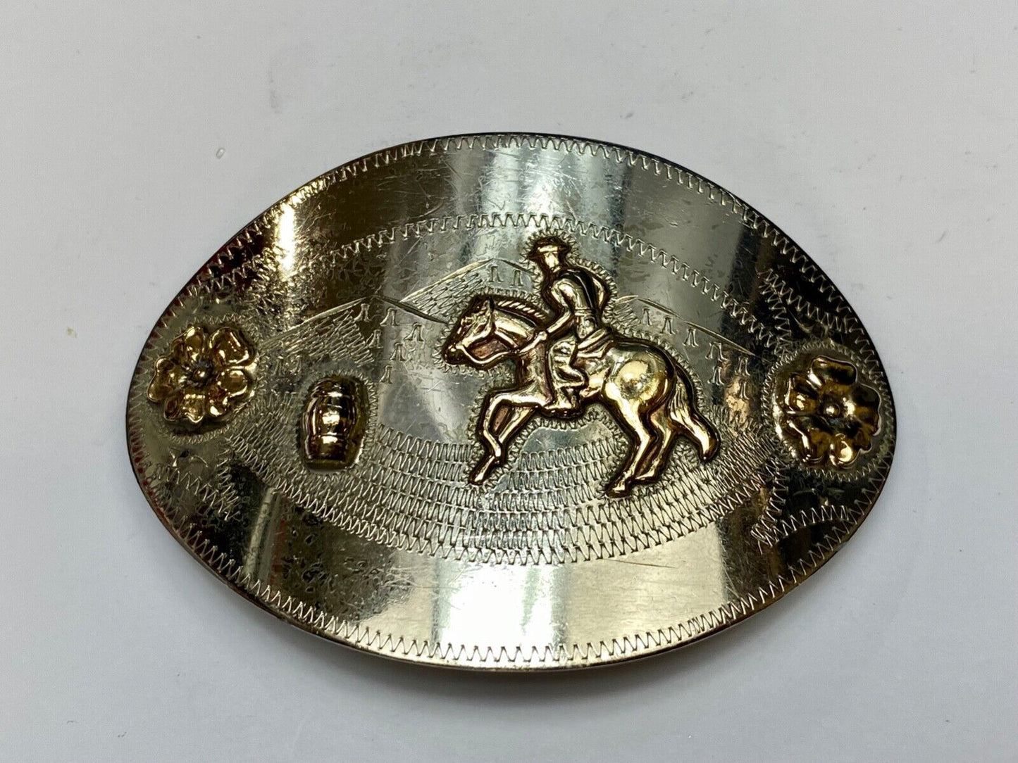 Barrel Horse Rider, Nickel Silver Belt Buckle W/ Bronze Trim by Don Ricardo
