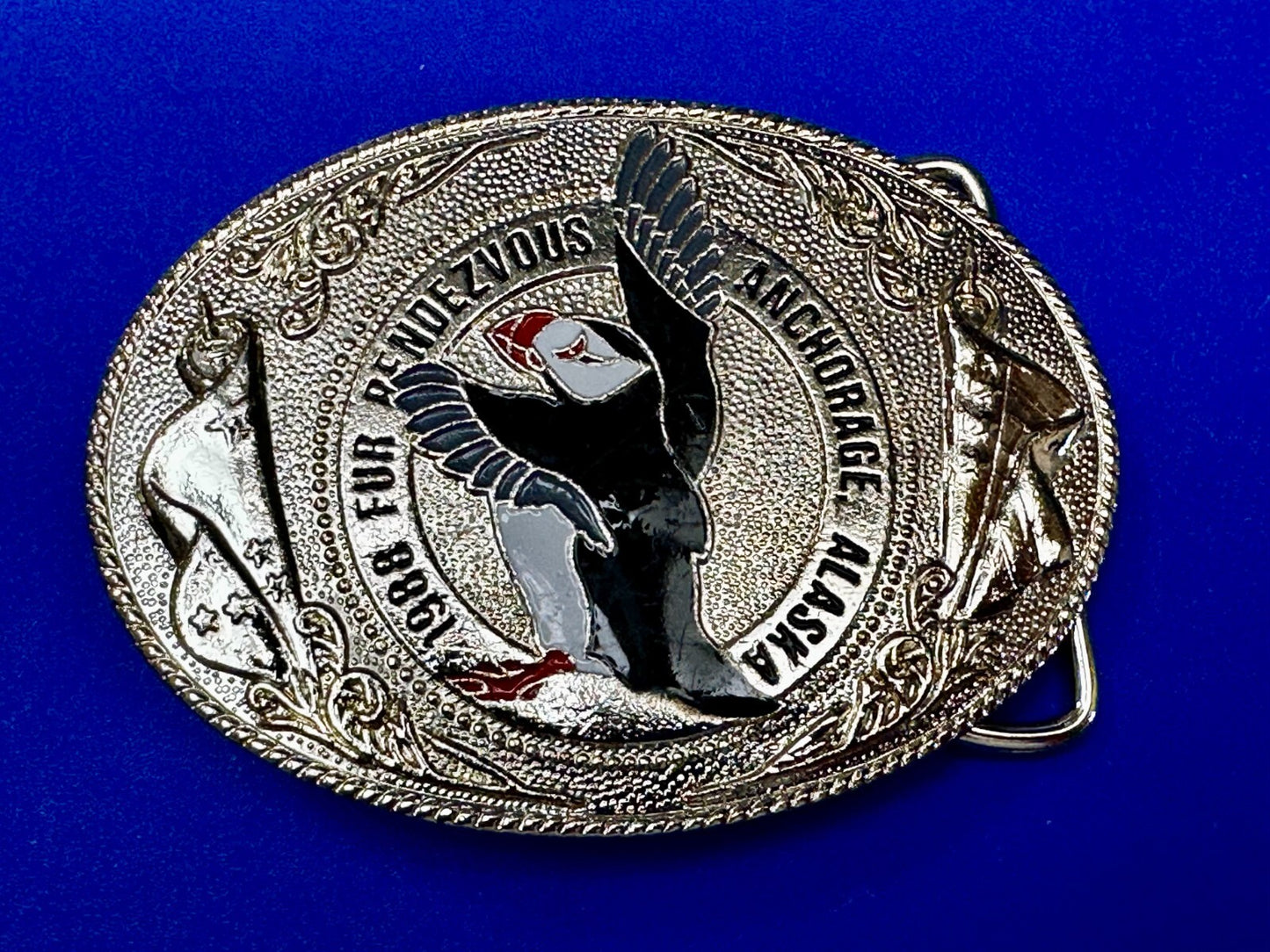 1988 Fur Rendezvous Anchorage Alaska Flag Bald Eagle Commemorative Belt Buckle