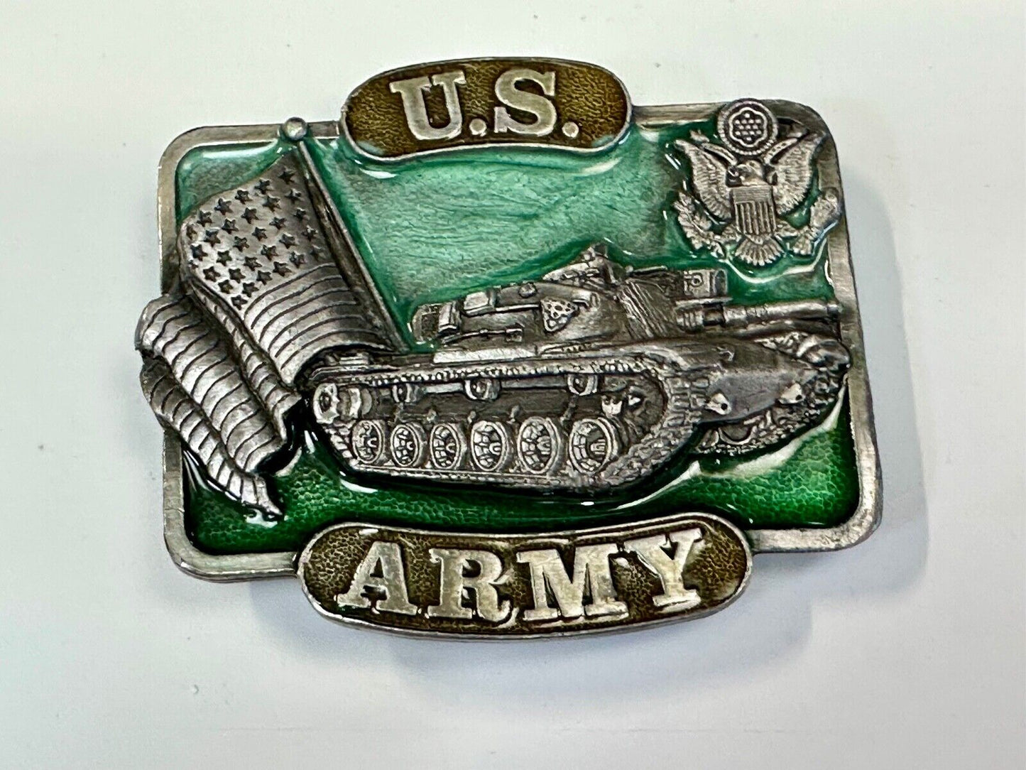 U.S. Army Belt Buckle Tank Flag vintage 1982 Bergamot Brass Works K-32