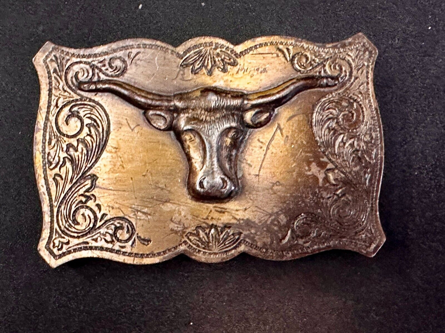 Texas Longhorn Steer Bull Cow Ornate Raised Dimensional Stamped Belt Buckle