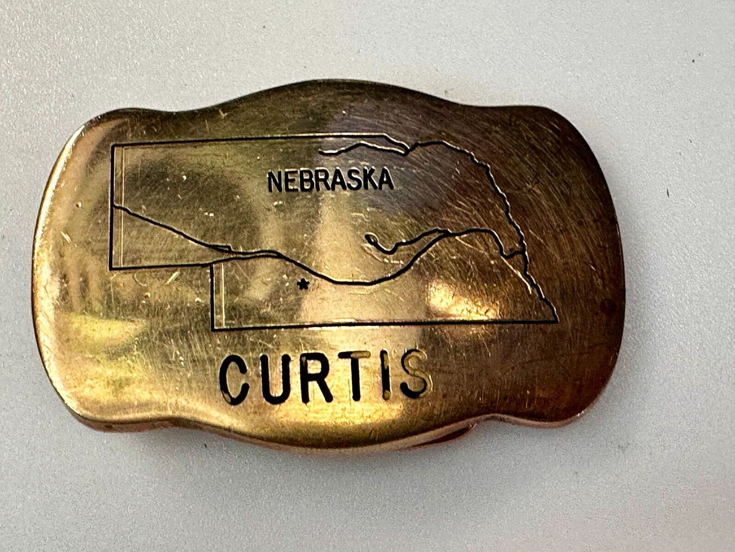 The Great States of NEBRASKA Map City of Curtis Commemorative Brass Belt Buckle