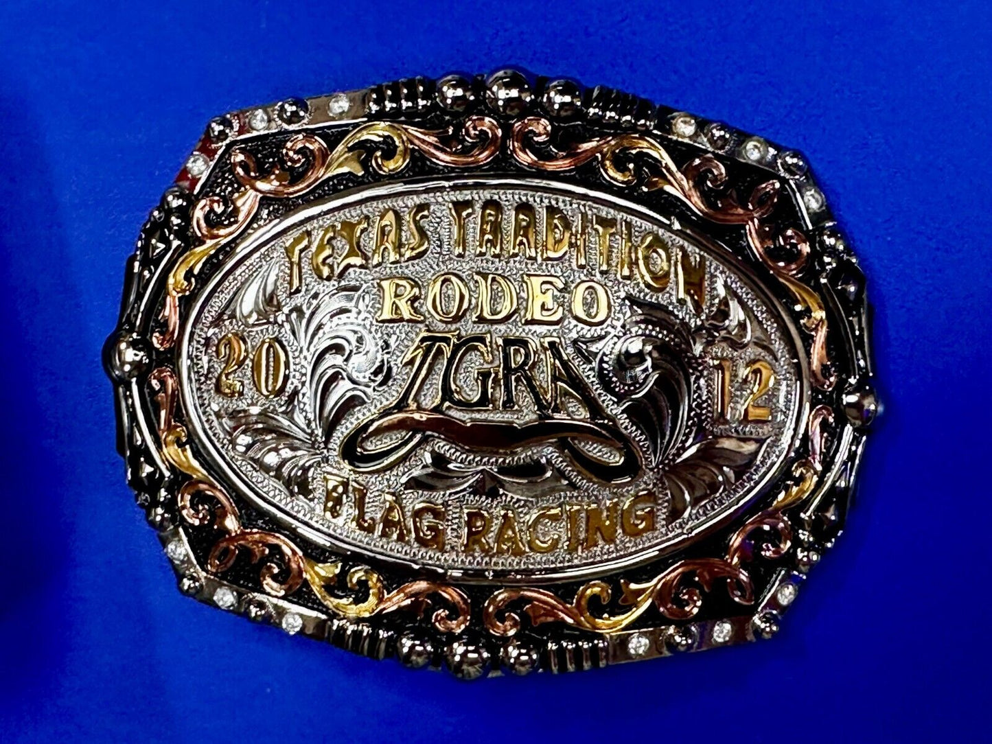 TGRA Texas Tradition Rodeo Flag Racing 2012 Trophy Award Belt Buckle Lone Star