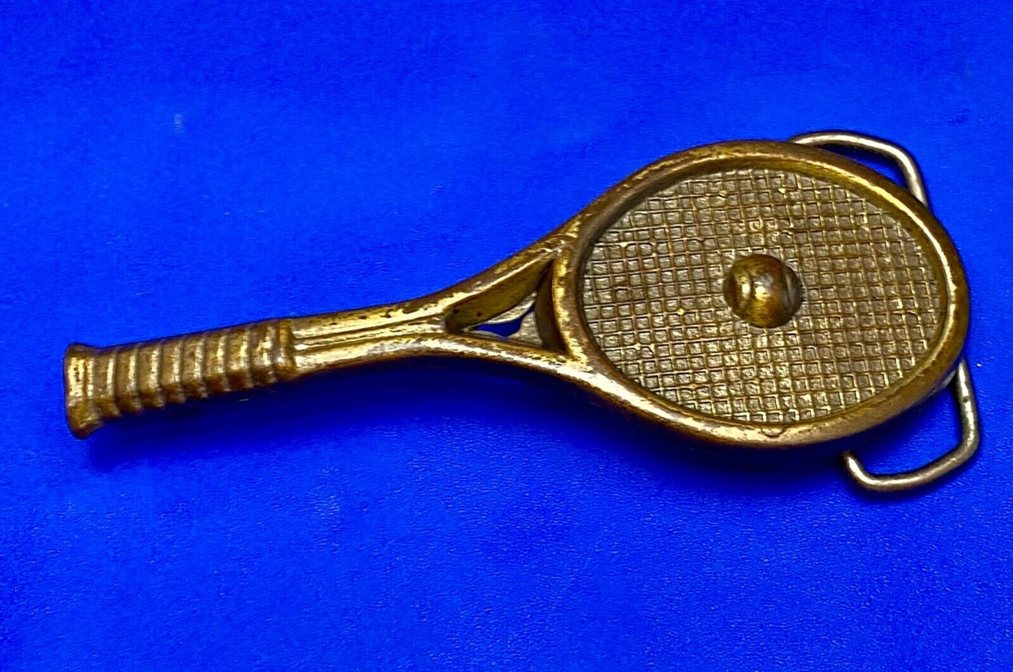 Unique Figural Tennis Racket and ball Sports Game brass tone belt buckle