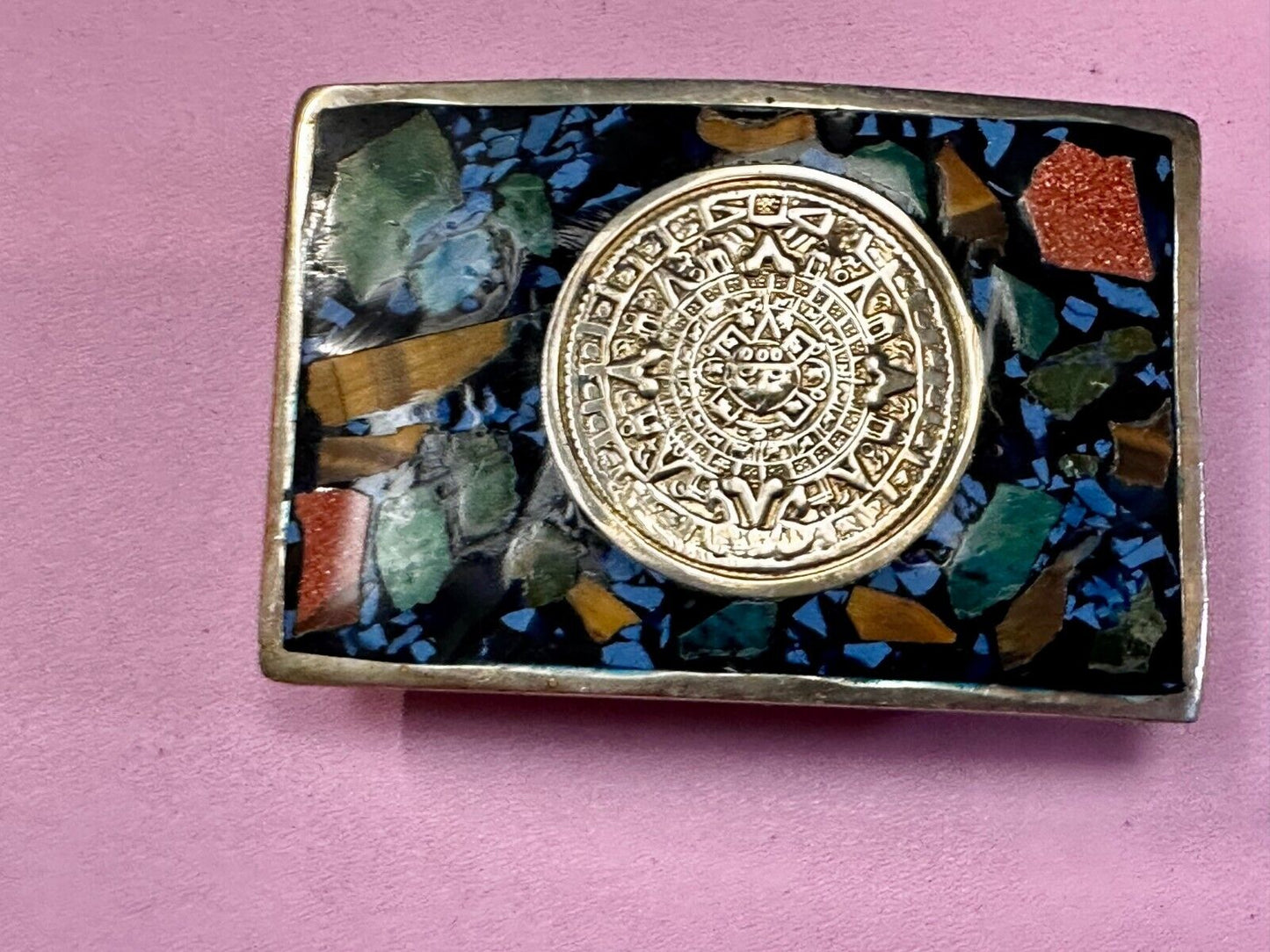 Aztec Mayan Calendar Sun God Face Turquoise Multi Stone Chip Inlay Belt Buckle
