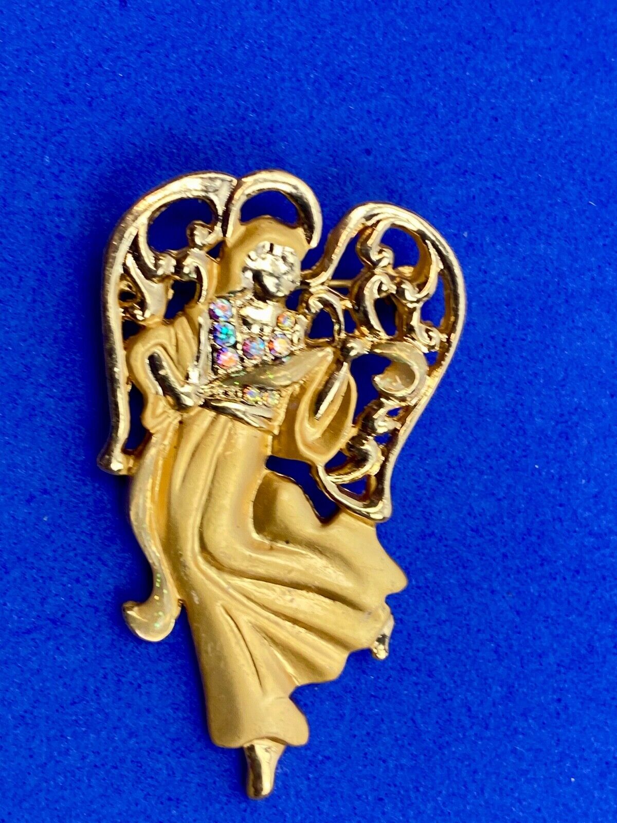 Vintage Angel Brooch Pin Gold Tone Rhinestones Signed AAI