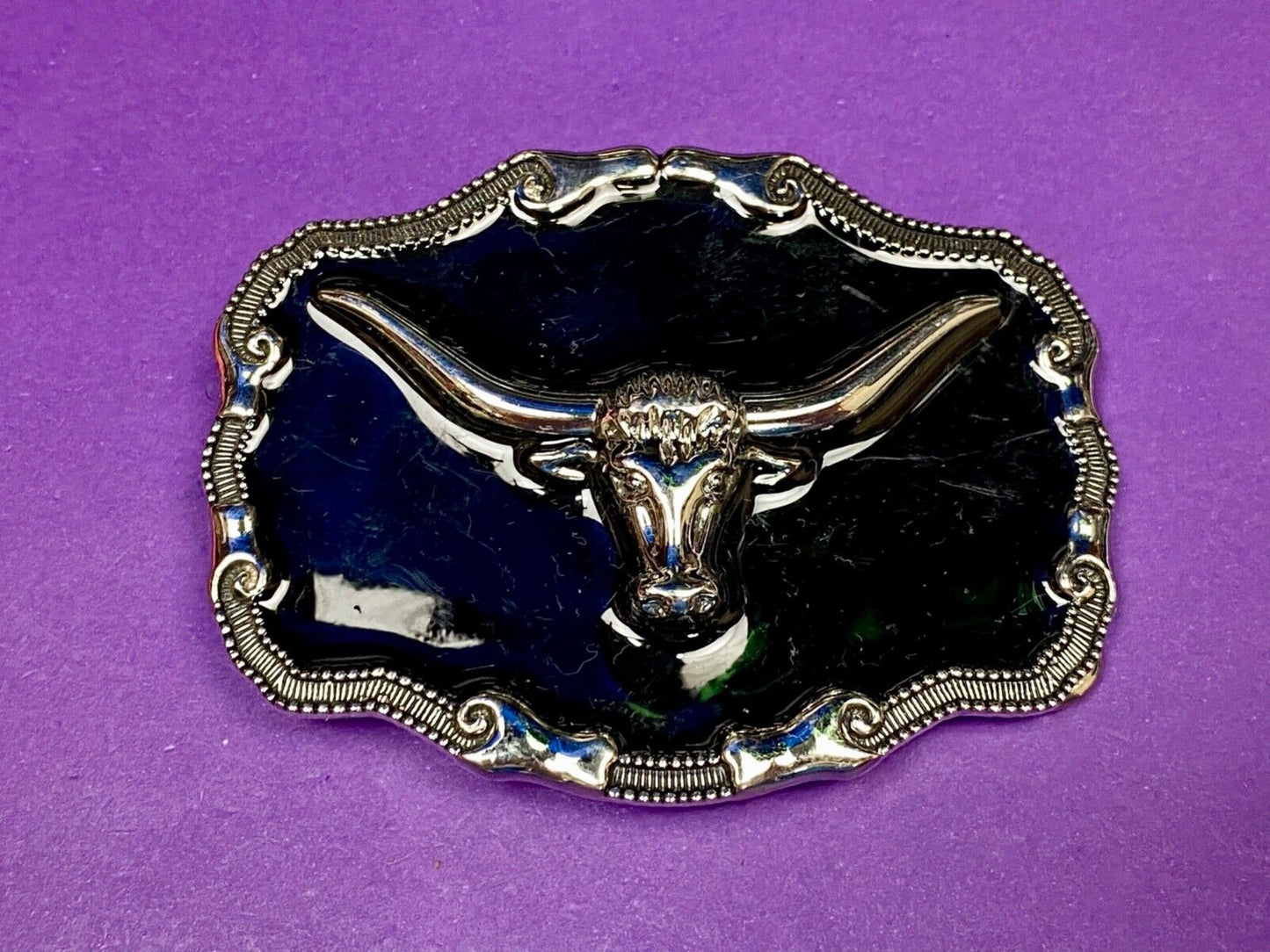 Black And Silver Color Texas Longhorn Bull Steer Western Framed Belt Buckle