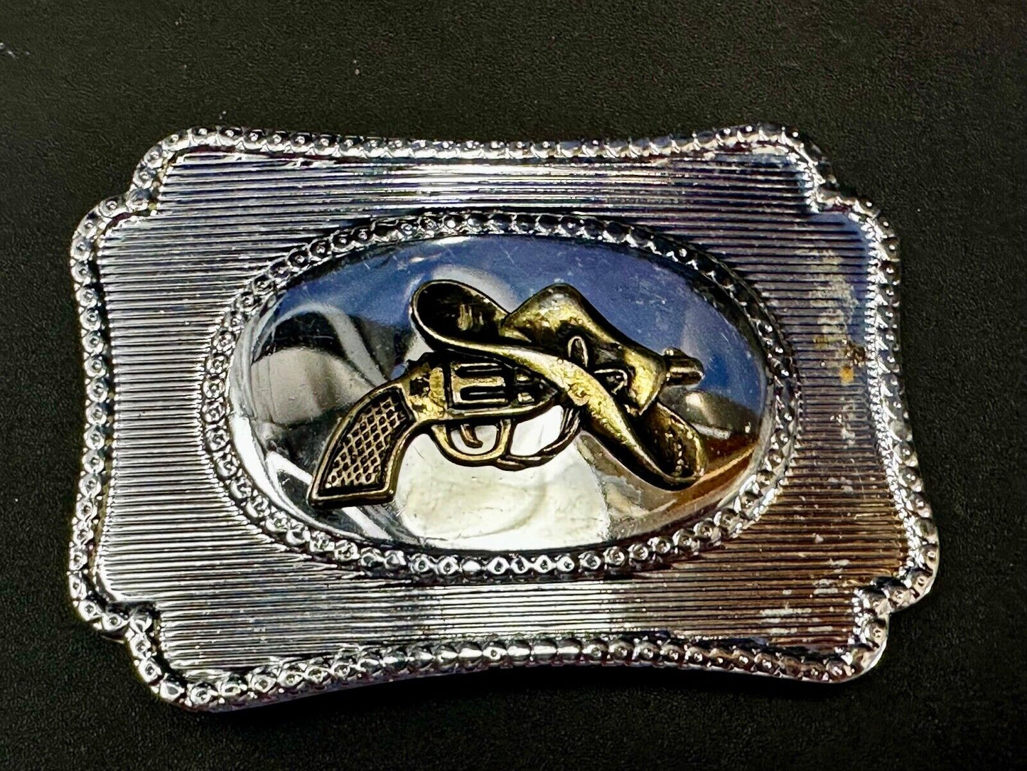 Vintage Cowboy Hat & Revolver Pistol Western Belt Buckle Cap Gun Buckle