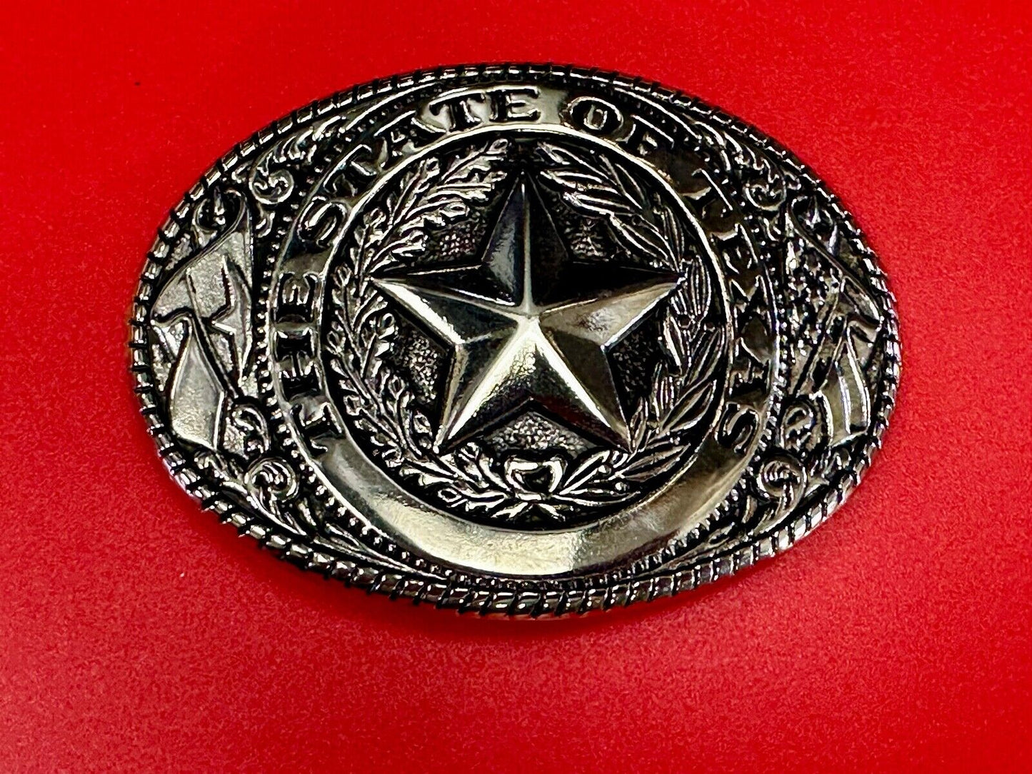 The Great State of Texas - Lone Star Flags seal silver tone NOS belt buckle