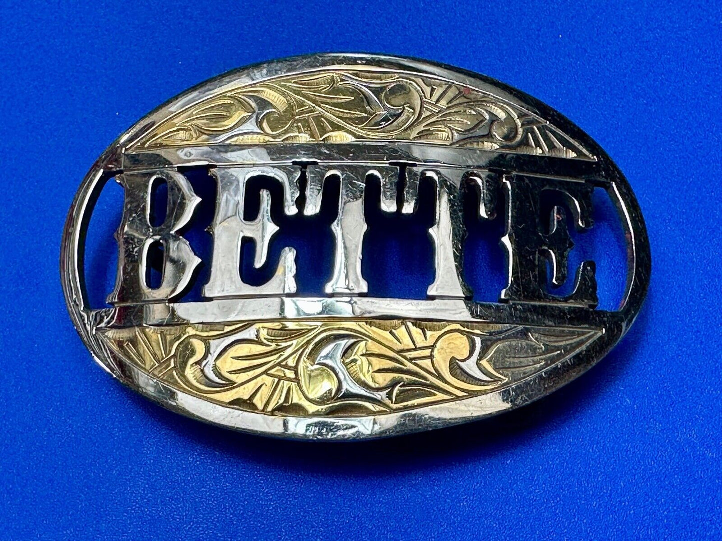 BETTE - custom name on western two tone cutout see through vintage belt buckle