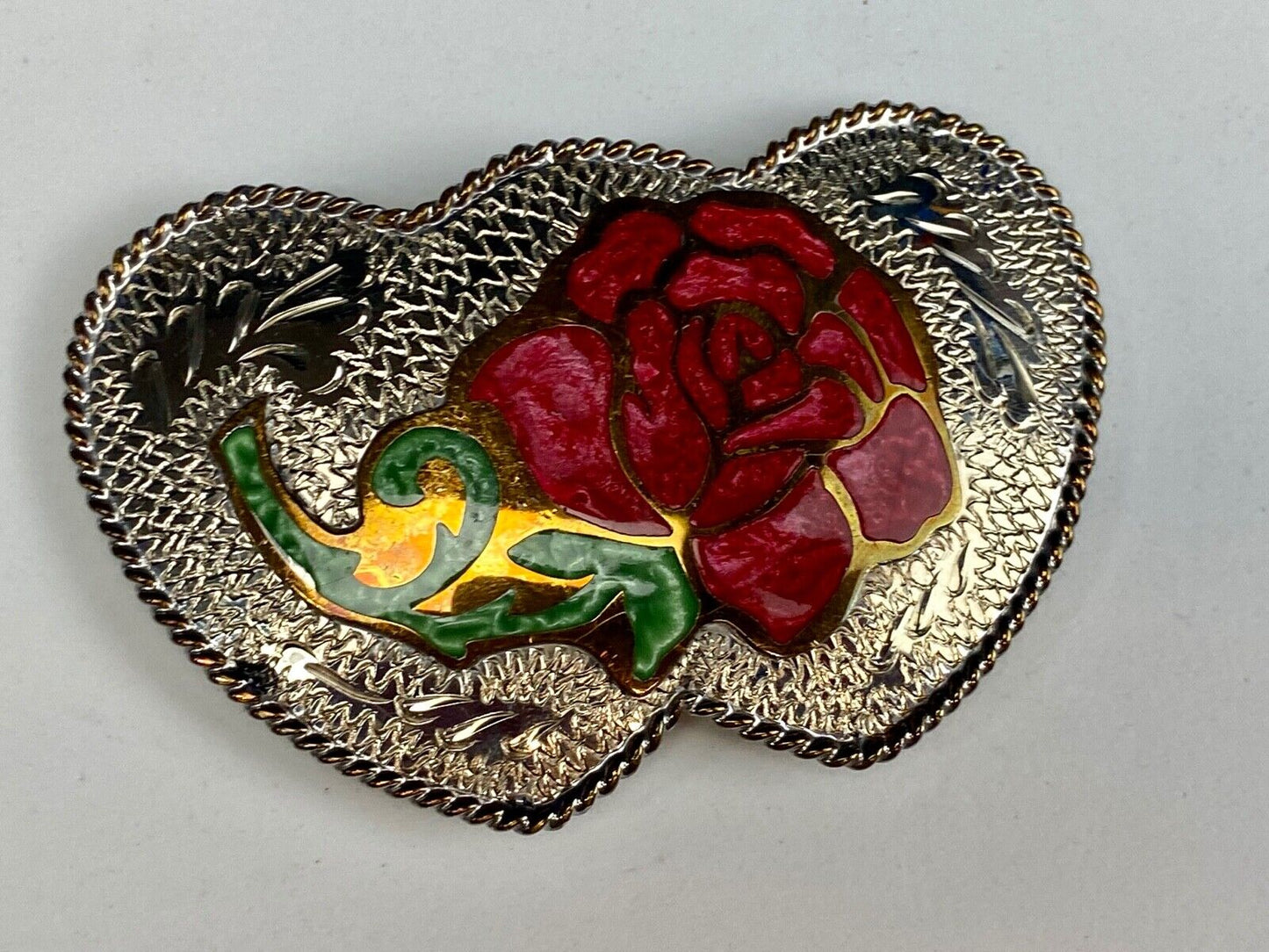 Beautiful J. TEDDER signed three HEART's and rose western belt buckle