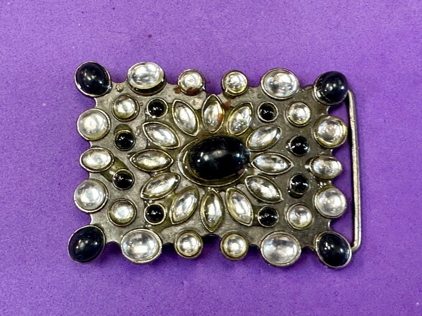 Vintage black and white rhinestone / silver tone belt buckle