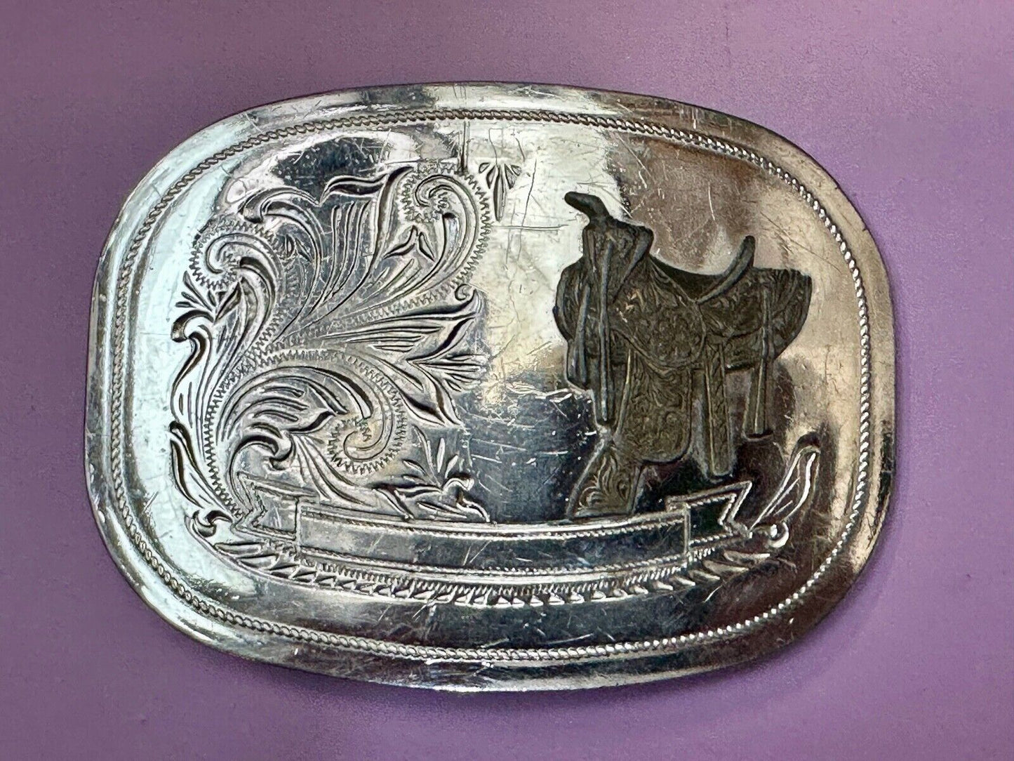 Vintage Cowboy Horse Saddle western belt buckle - blank award ribbon