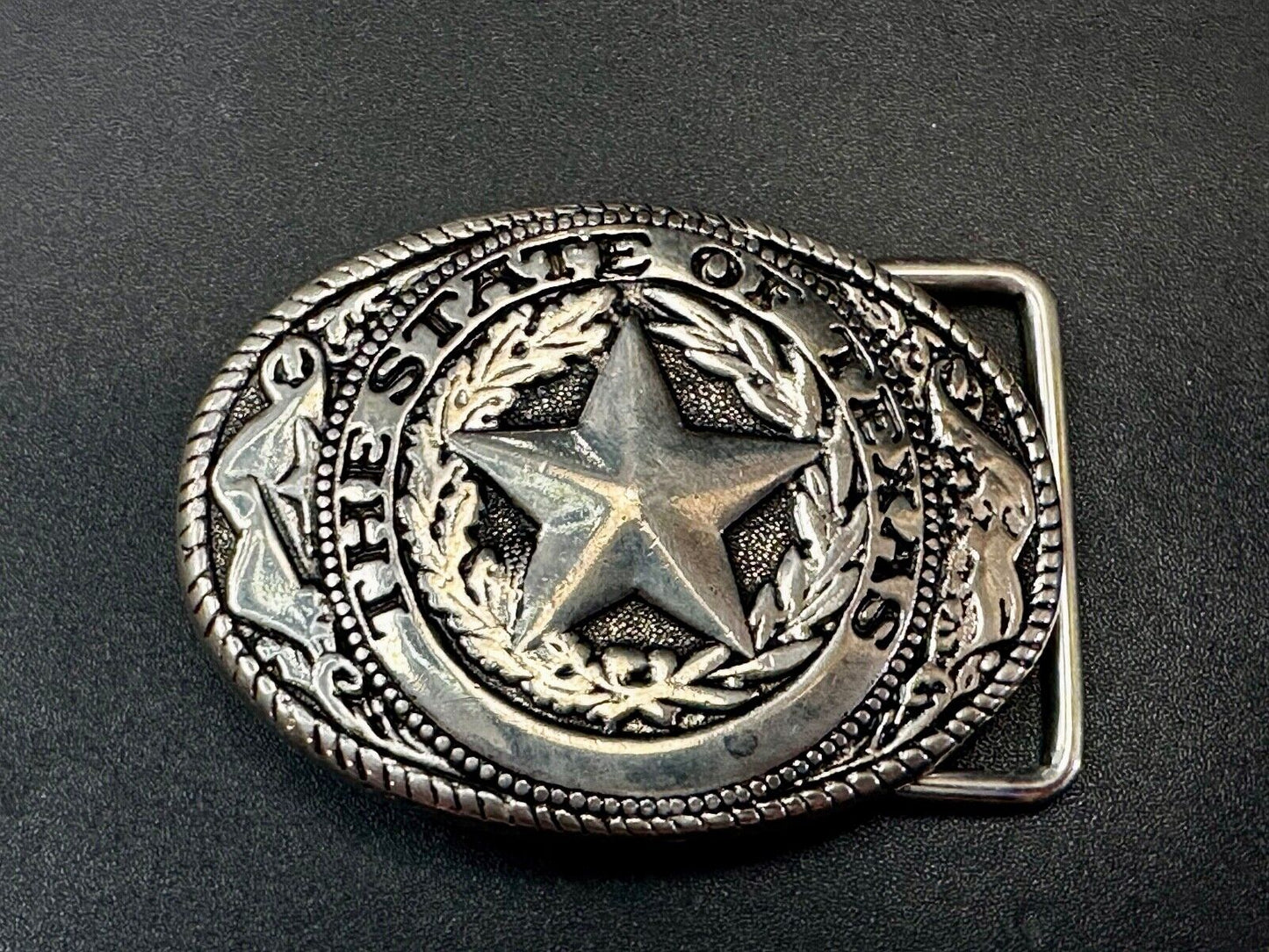The Great State of Texas Star Flag Theme Vintage Silver tone western Belt Buckle