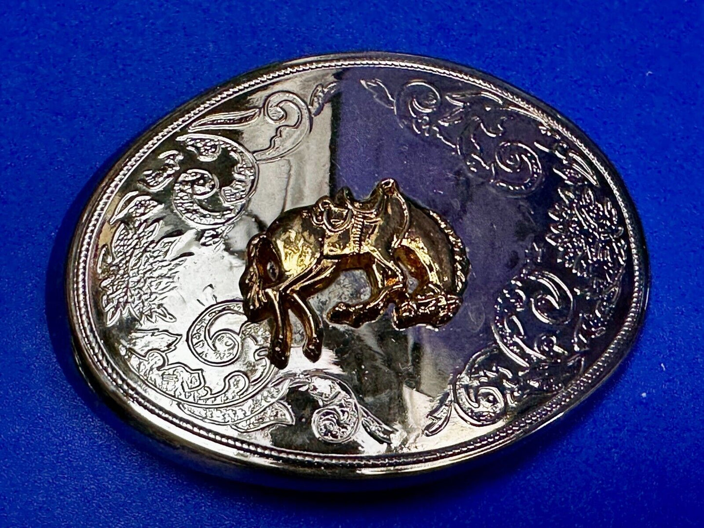 Vintage Cowboy Saddle Bronc Bucking Horse Two Tone Oval Engraved Belt Buckle