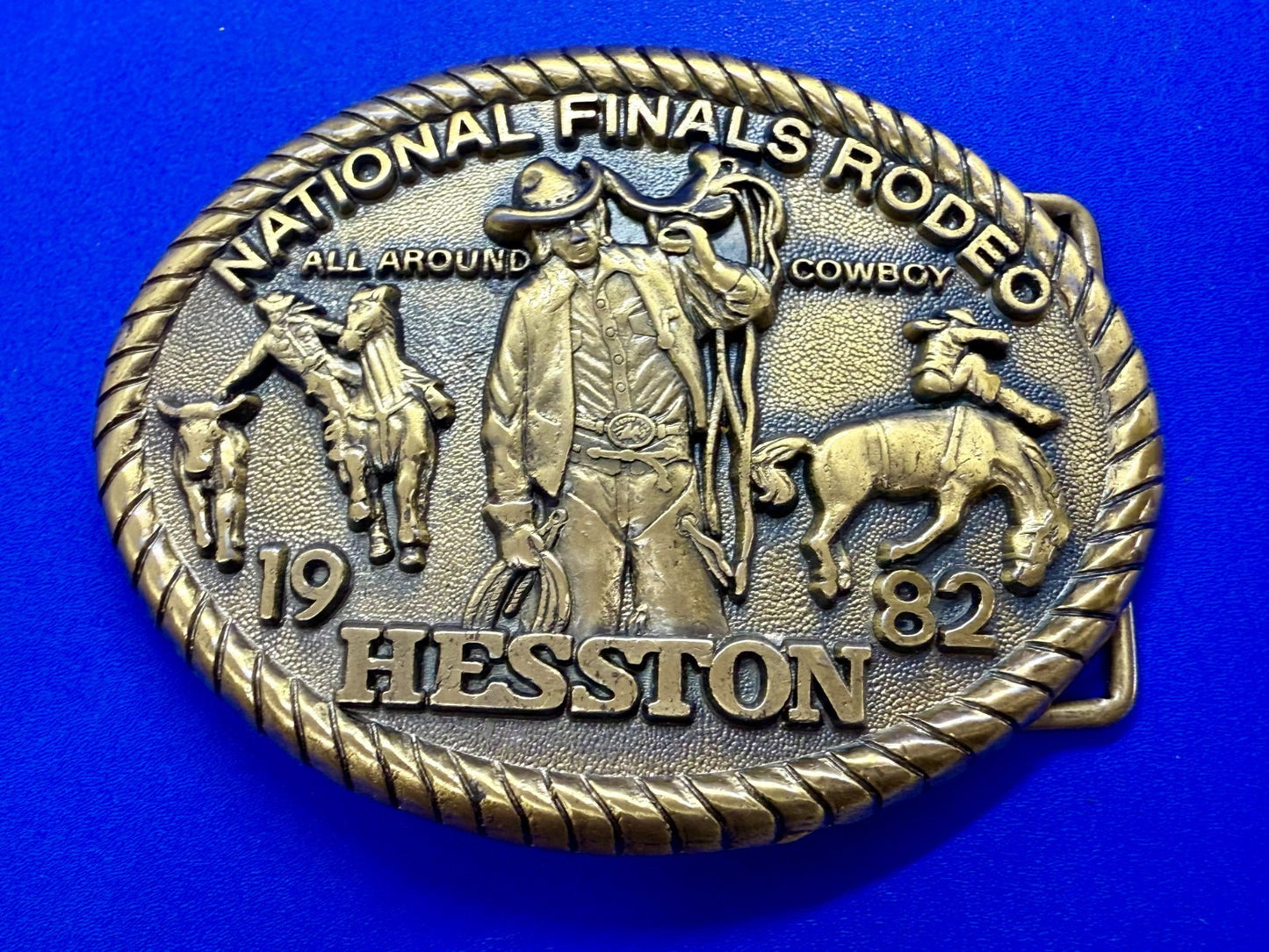1982 Hesston NFR National Finals Rodeo All Around Cowboy Vintage Belt Buckle