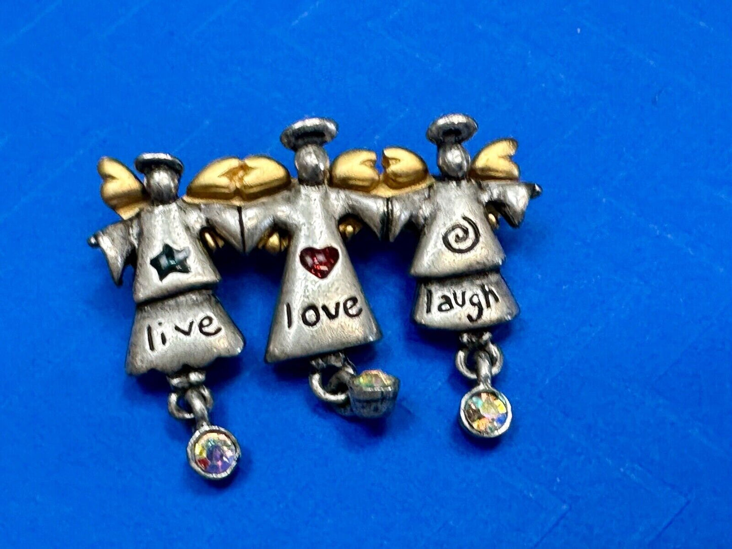 Three Angles - Live Love Laugh , Vintage Christmas Holliday Brooch by AJMC