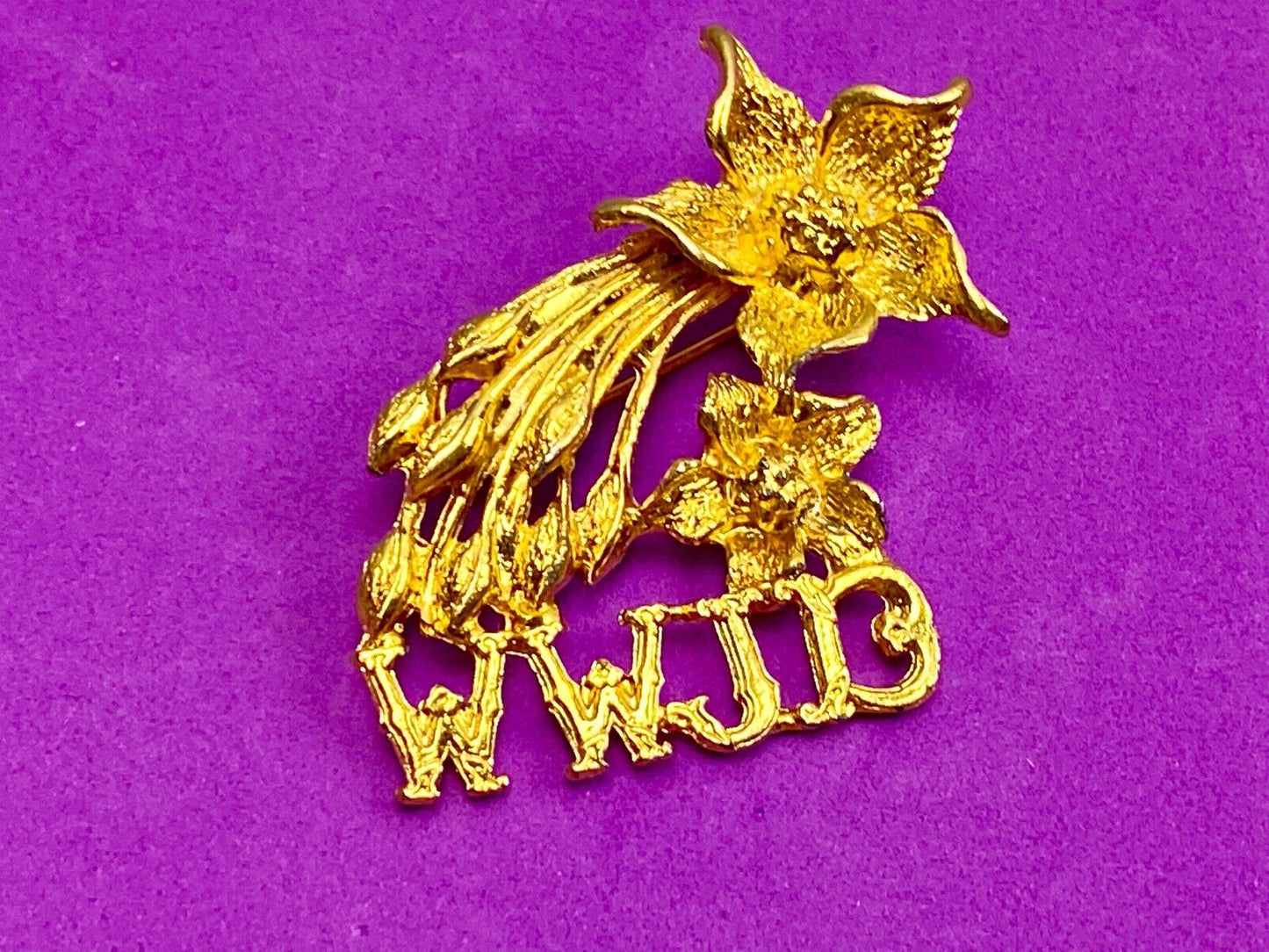 Vintage Brooch Pin WWJD What Would Jesus Do Flowers Gold Tone