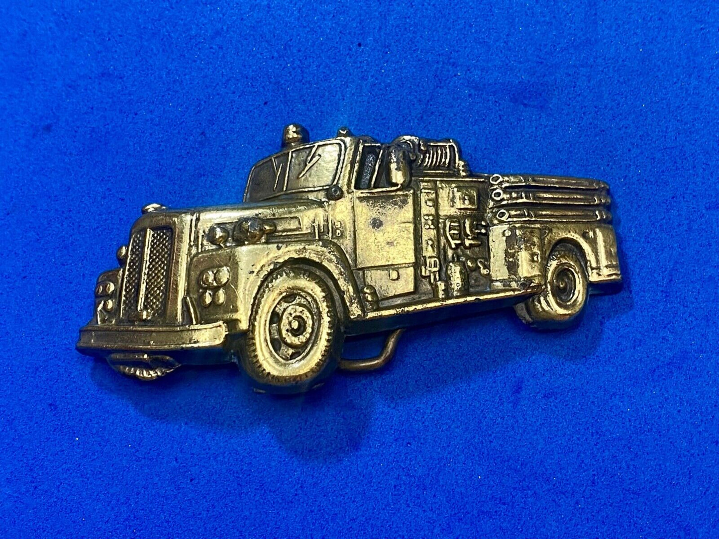 Vintage Figural Fire Truck cut out brass belt buckle