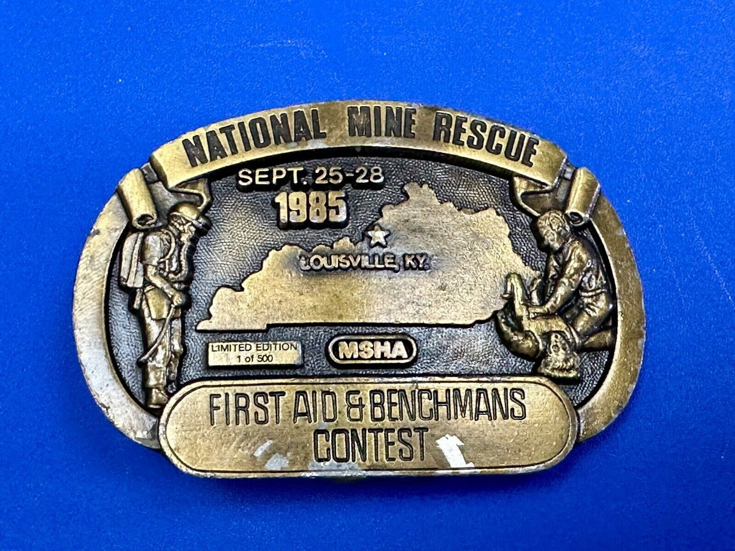1985 National Mine Rescue Louisville KY MSHA First Aid contest belt buckle