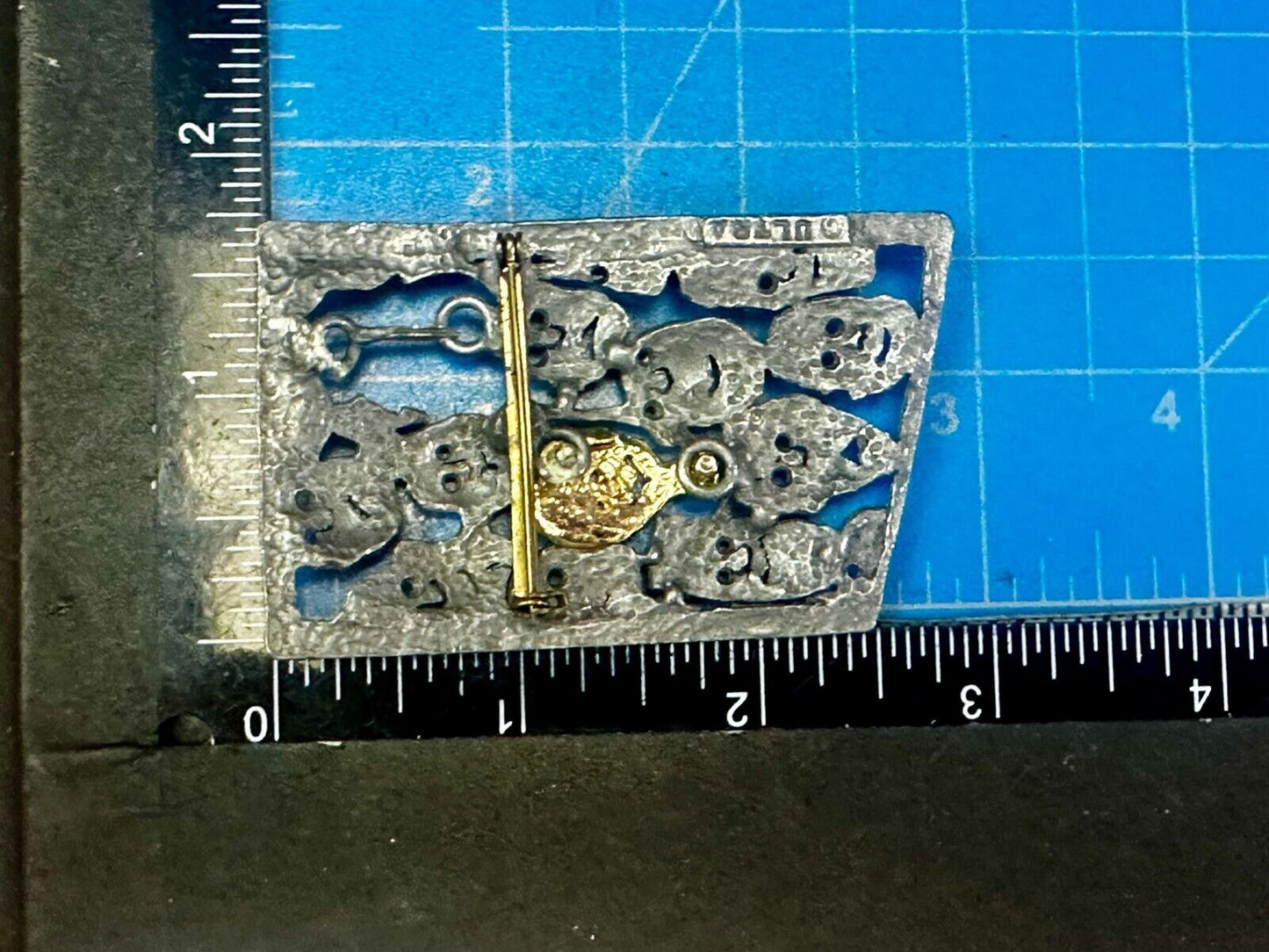The Standout! Many Faces in Asymmetric Frame Vintage Pewter Brooch Pin by Ultra