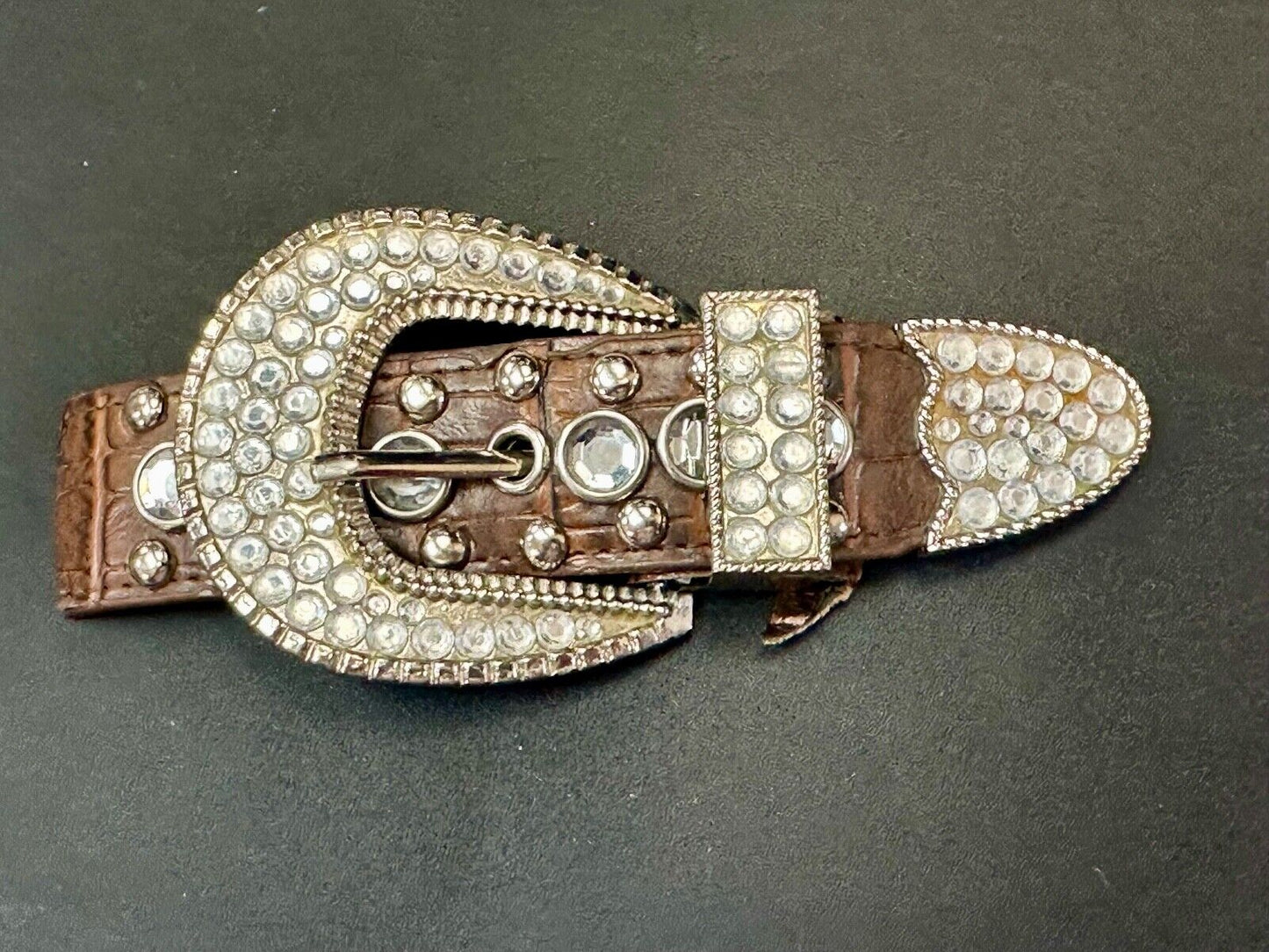 Three Piece western silver tone rhinestone ranger set belt buckle tip & keeper