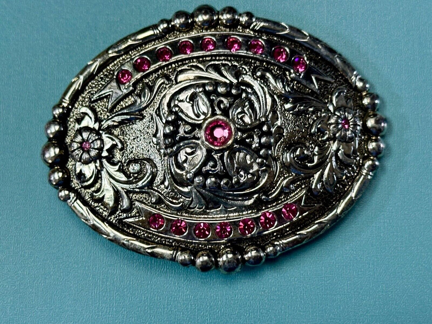 Authentic Silver plated pewter belt buckle with cowgirls girly pink rhinestones!