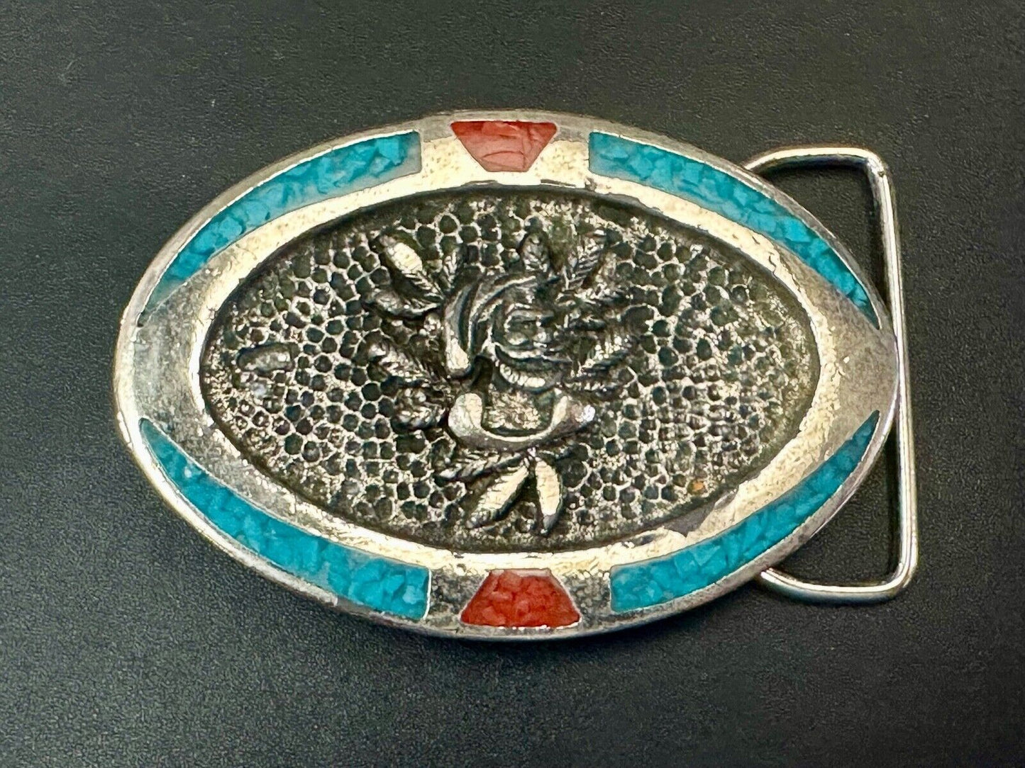 Beautiful ROSE flower Crushed Turquoise and Coral chip Boarder belt buckle by TT