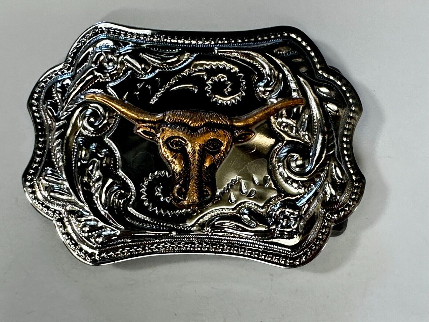 Texas Longhorn Rodeo Steer Bull Vintage Two Tone Western Cowboy's Belt Buckle