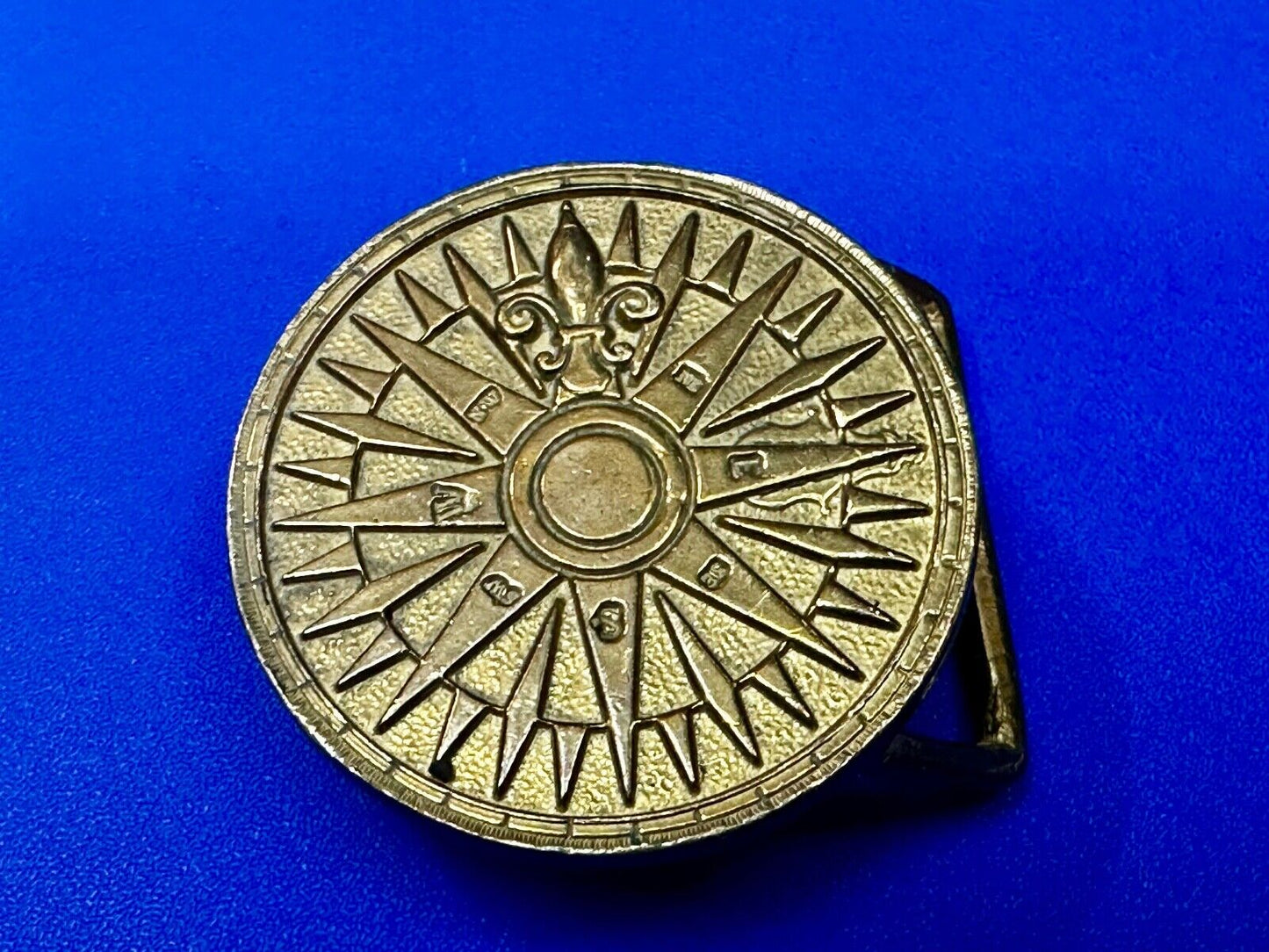 Artist Signed Fleur De Lis Compass Sun Dial Hippie Boho Solid Brass Belt Buckle