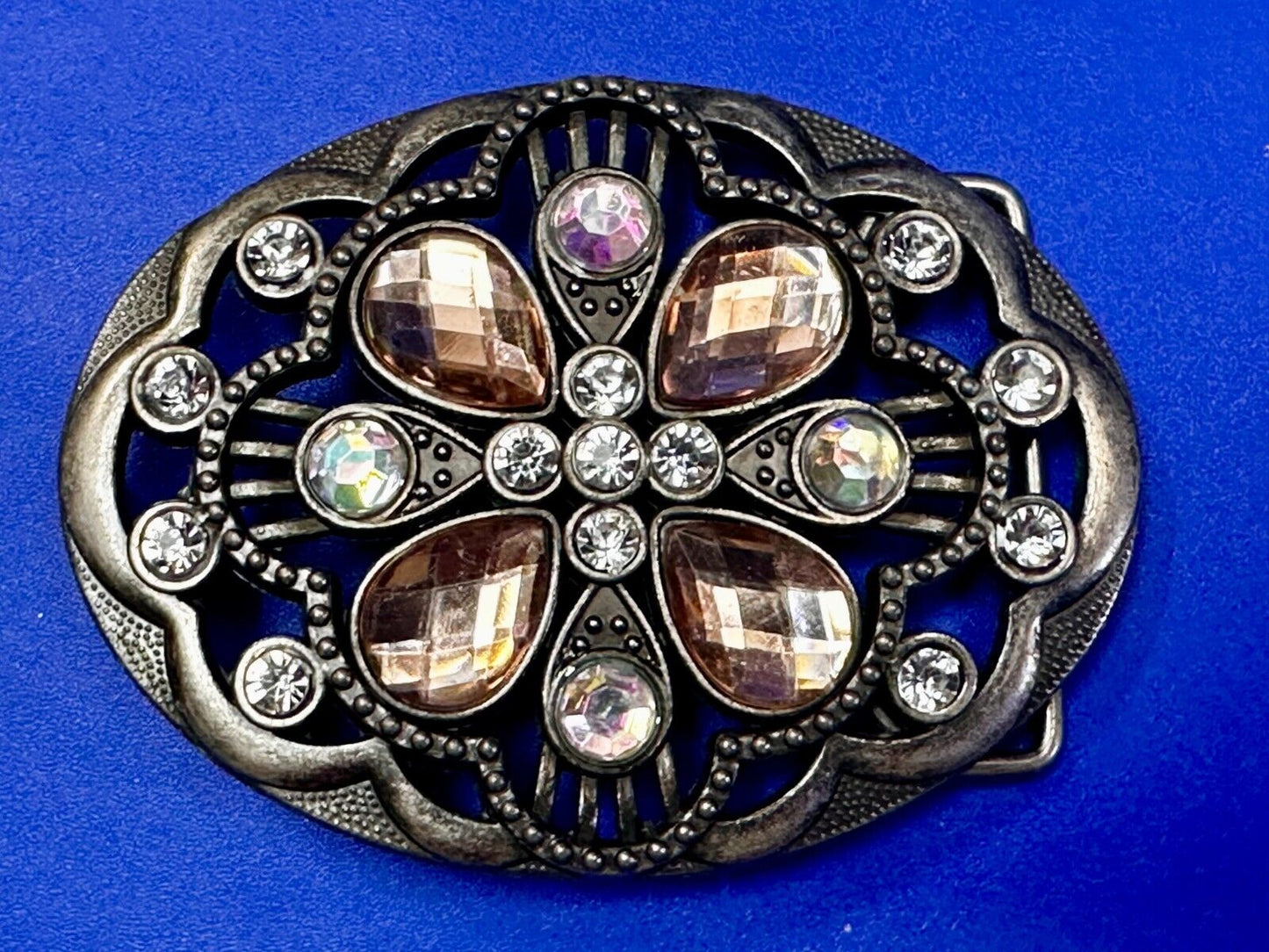 Beautiful Floral Design Silver Tone Metal W/ Rhinestones See Through Belt Buckle