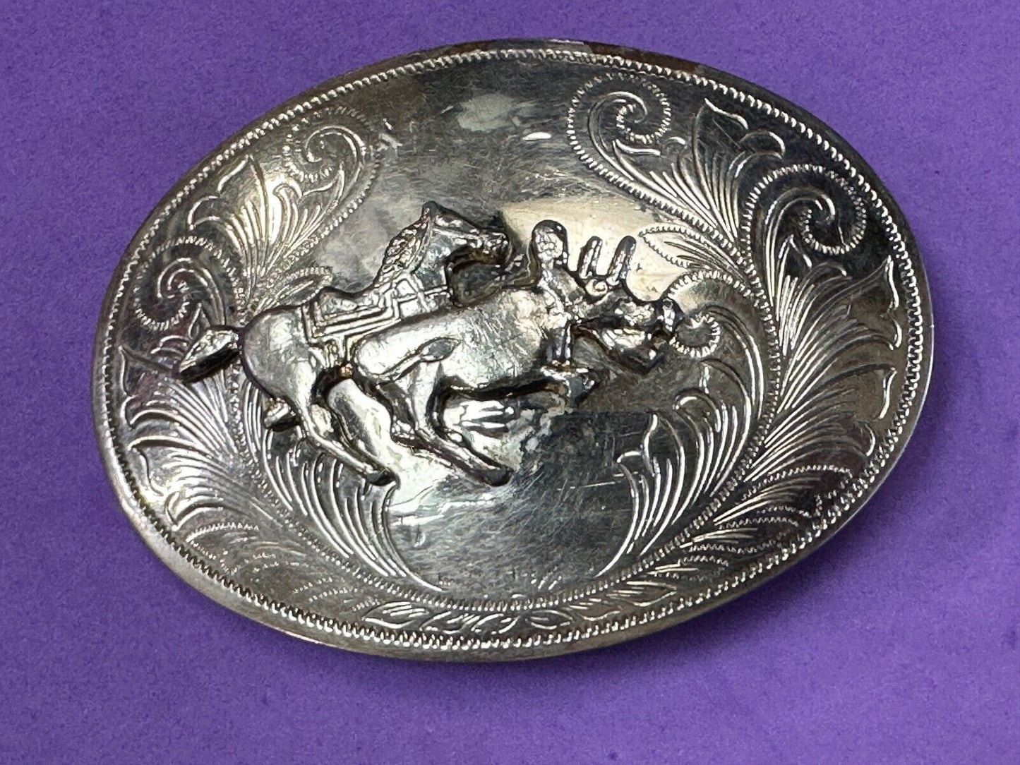 Vintage Cowboy Saddle Bronc western silver tone belt buckle